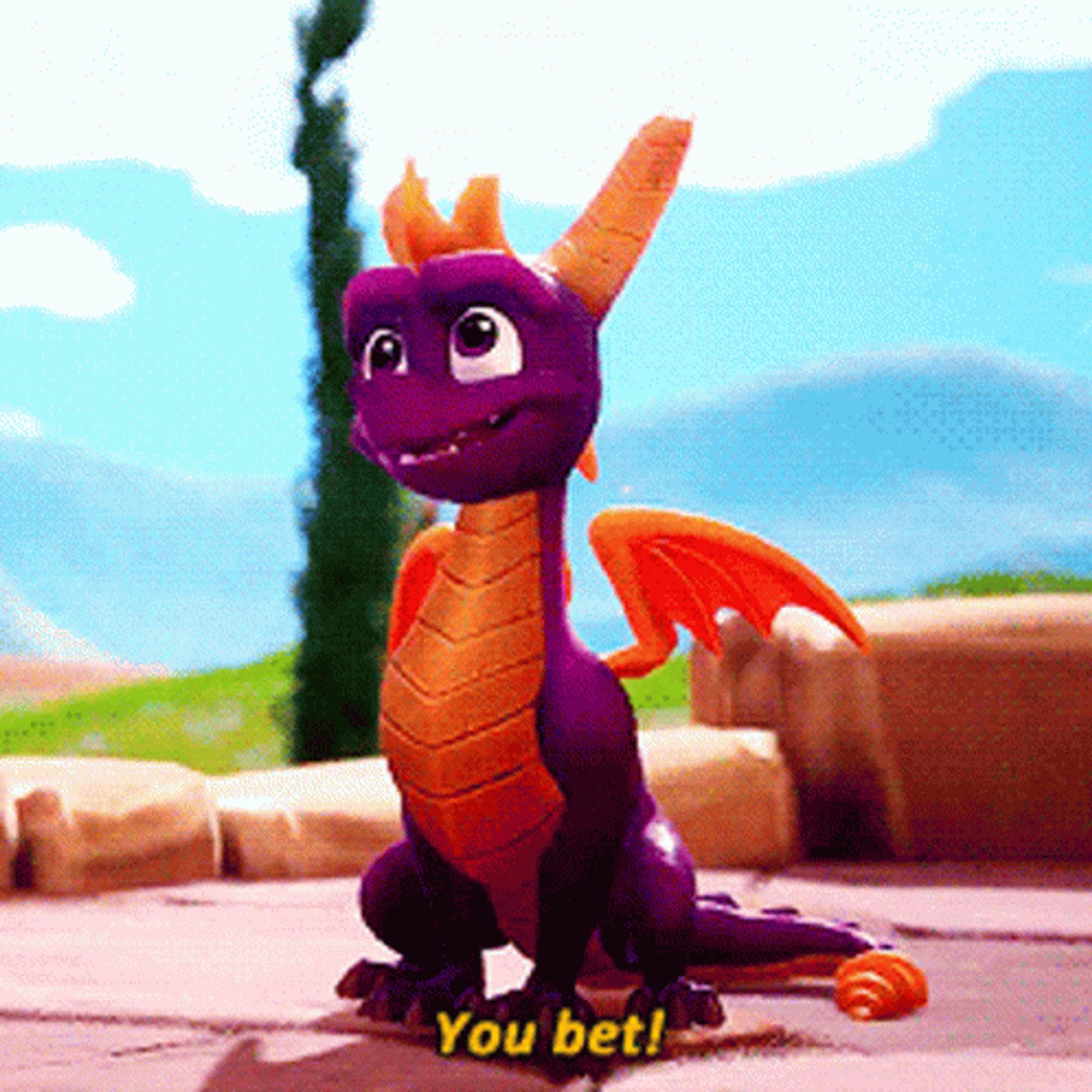 Spyro le dragon, tout paru de violet et jaune, disant "You bet"