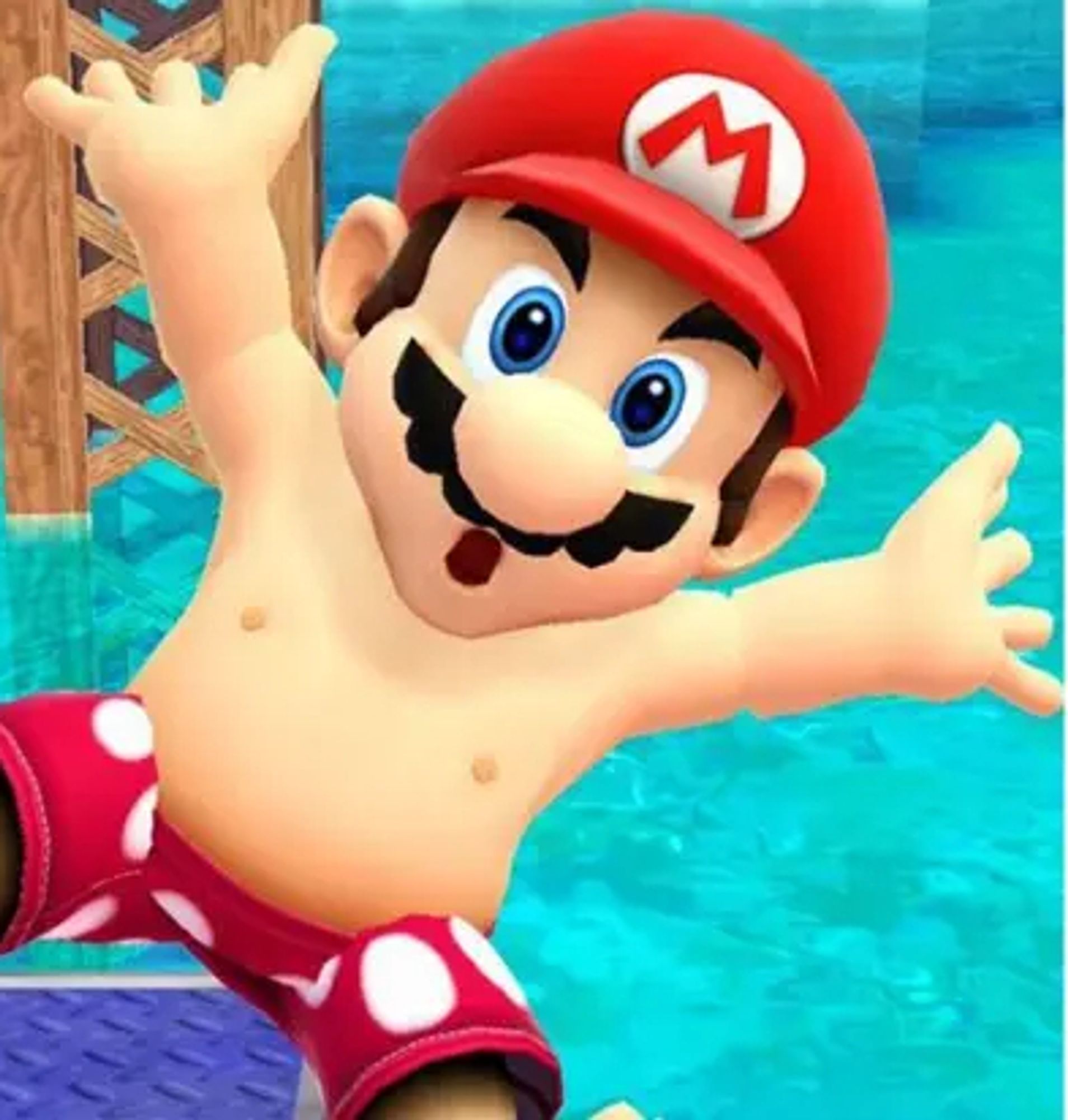 Mario en maillot de bain qui plonge en arrière en faisant l'étoile de mer