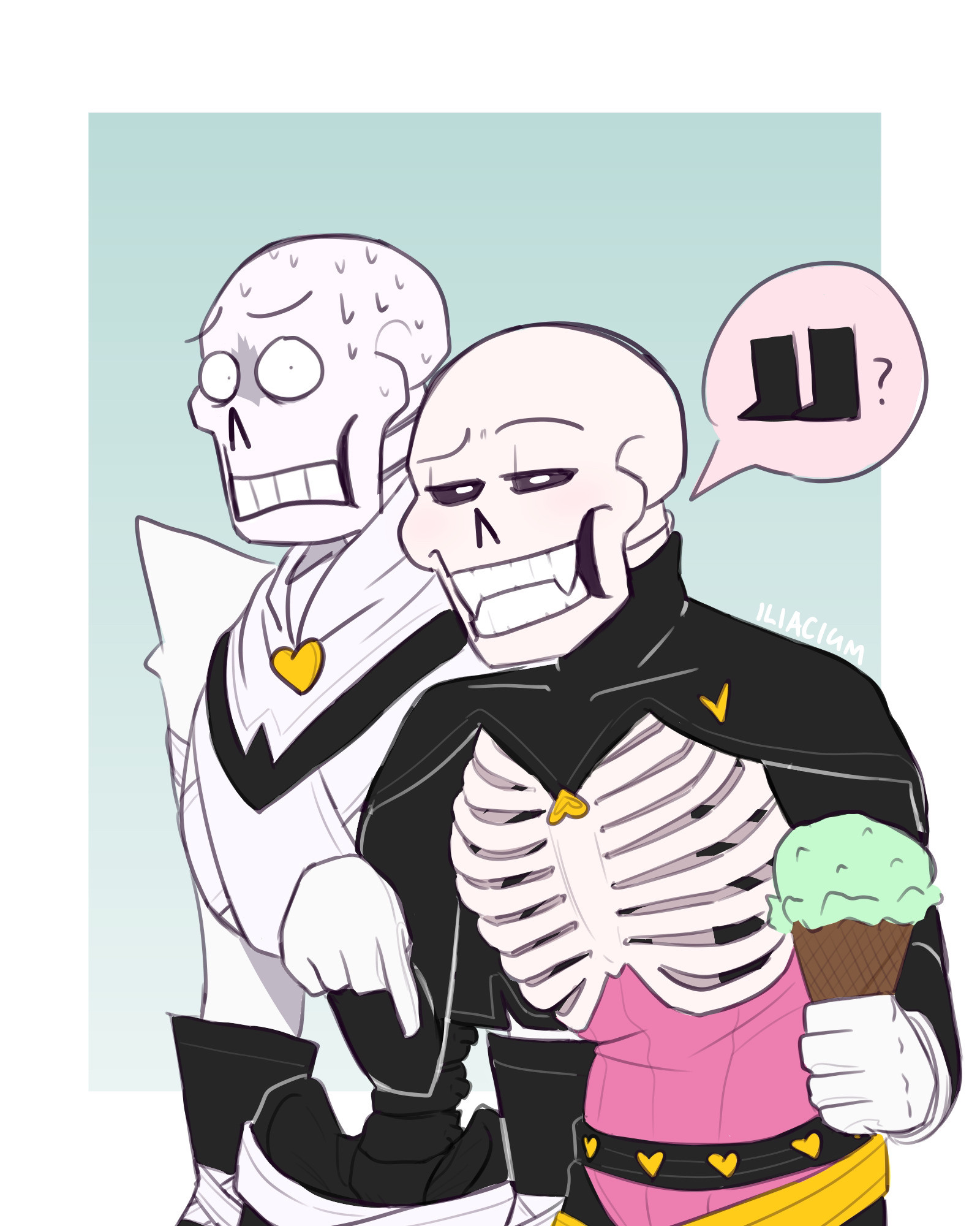 day 7: freespace - crackship (lust/xtale)

xpapyrus and lust!papyrus on a date. xpapyrus is peeking from behind lust!papyrus in fear. lust!papyrus is inquiring xgaster off screen about his legs while holding an ice cream.