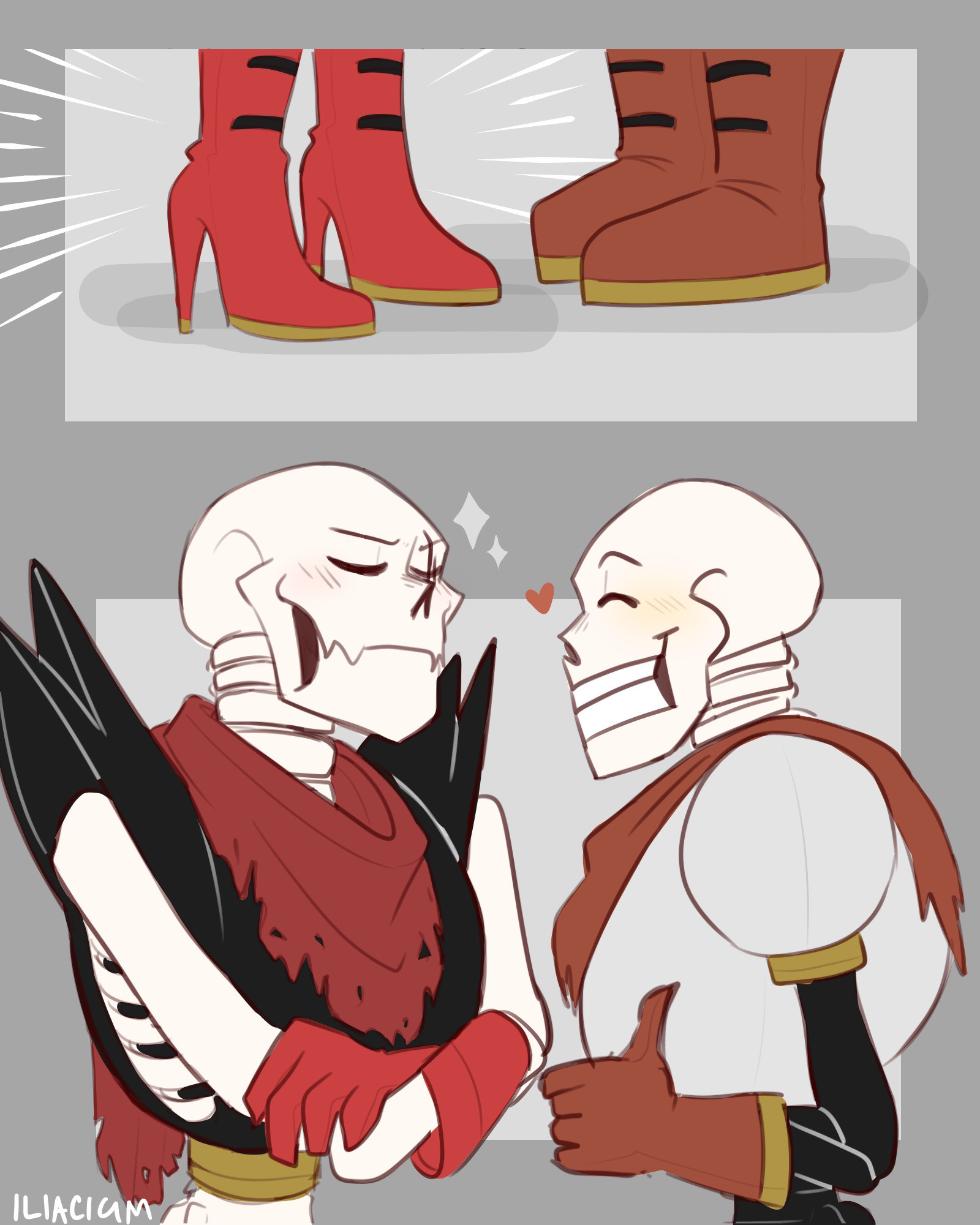 edge dons new heels, so he is finally taller than papyrus. papyrus gives him a smile and a thumbs up