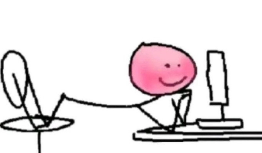 A stick figure is leaning on a desk with a computer on it, on their elbows with their knees on a desk chair behind them, feet up. Their face is pink and flushed. 