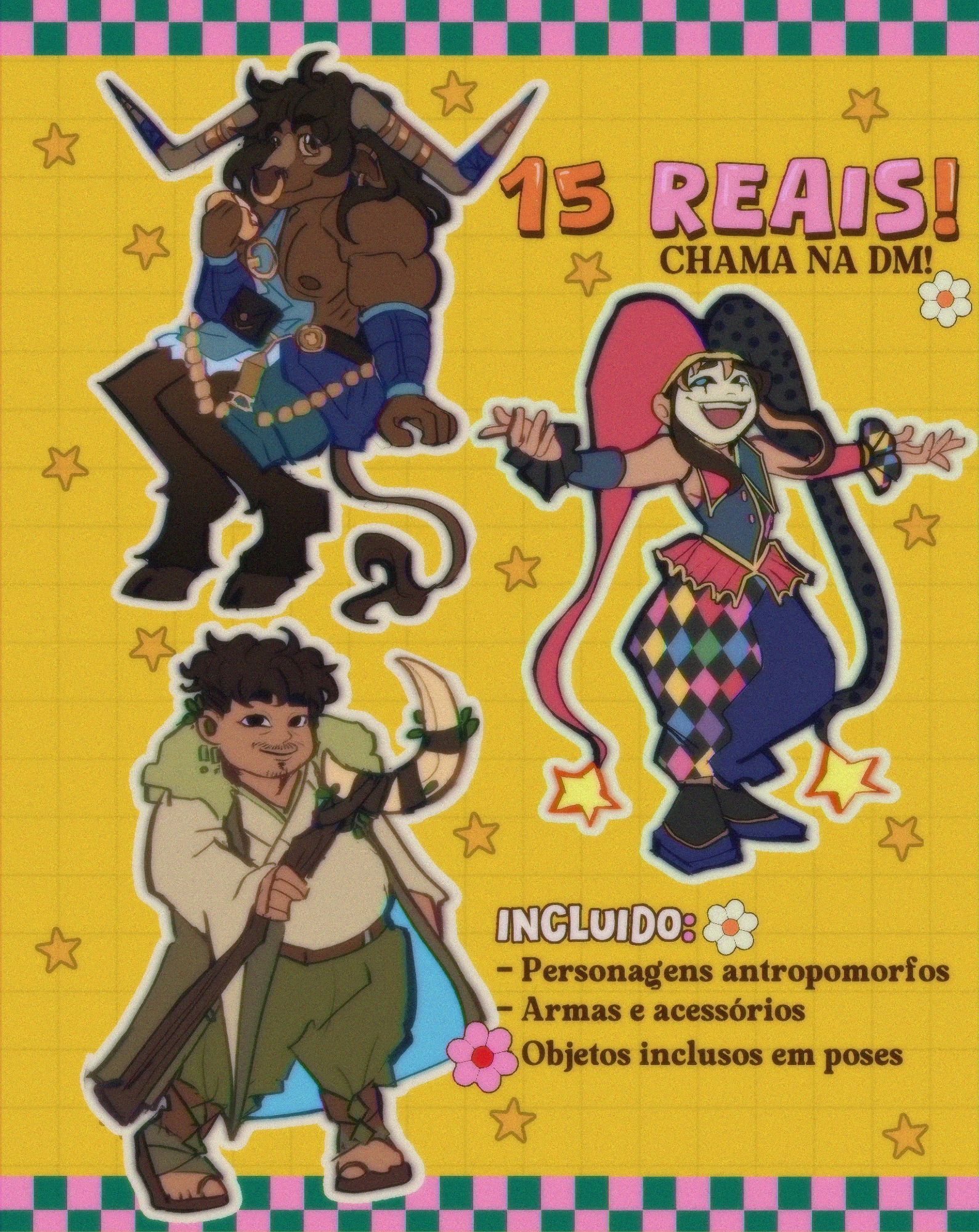 uma tabela de preços com três desenhos chibi de personagens, anunciando que está em venda por 15 reais, incluindo personagens antropomorfos, armas e acessórios