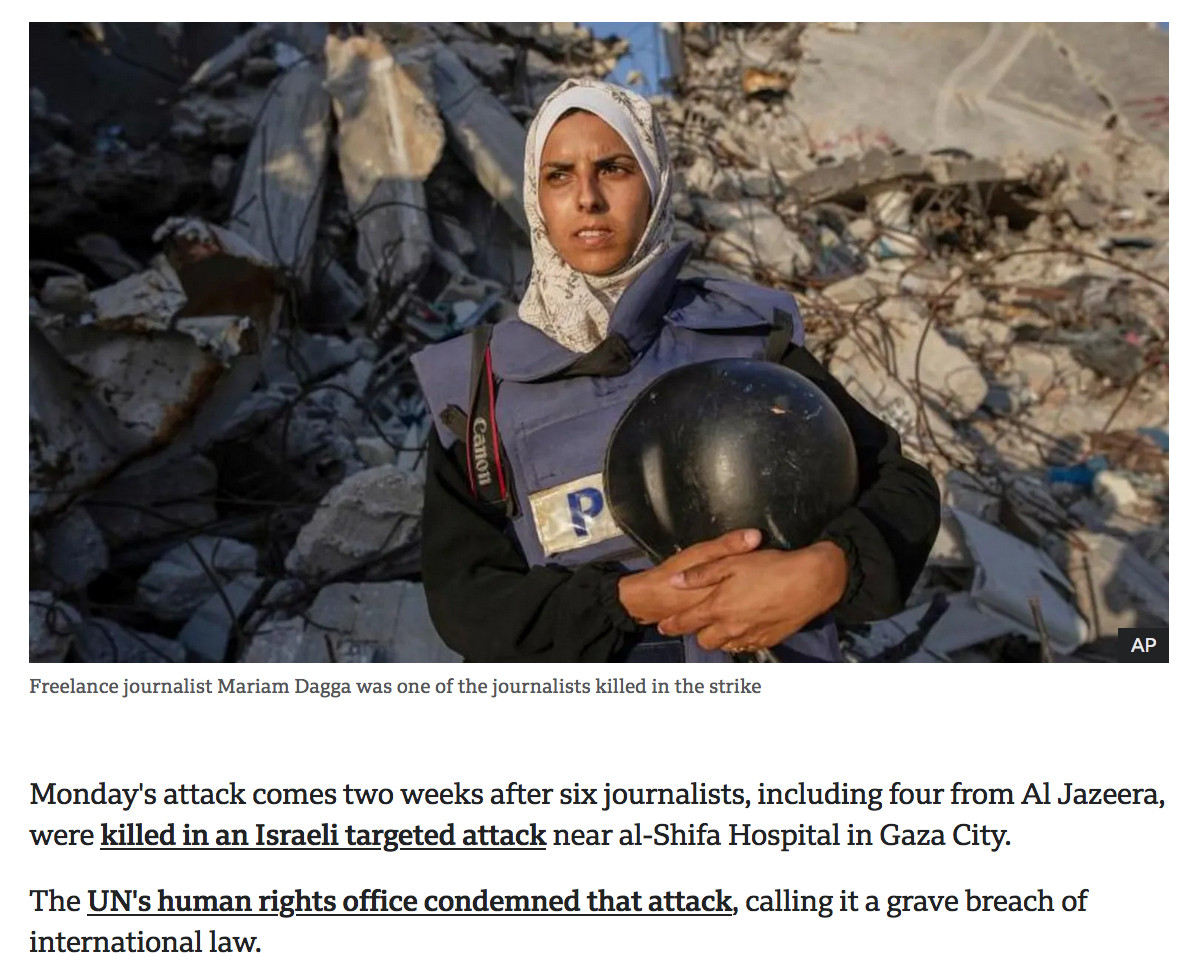 Freelance journalist Mariam Dagga was one of the journalists killed in the strike

Monday's attack comes two weeks after six journalists, including four from Al Jazeera, were killed in an Israeli targeted attack near al-Shifa Hospital in Gaza City.

The UN's human rights office condemned that attack, calling it a grave breach of international law.