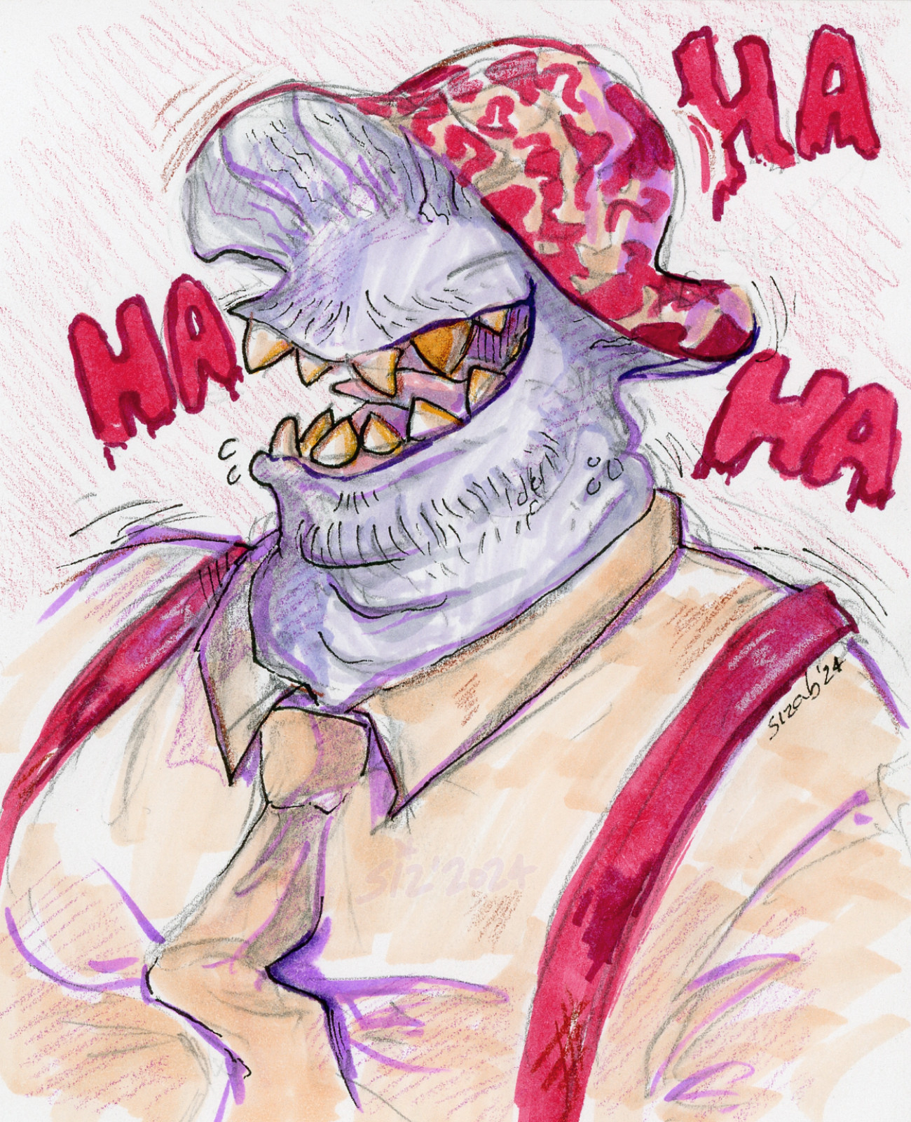 Traditional bust drawing of a fat mushroom-headed man laughing jubilantly.