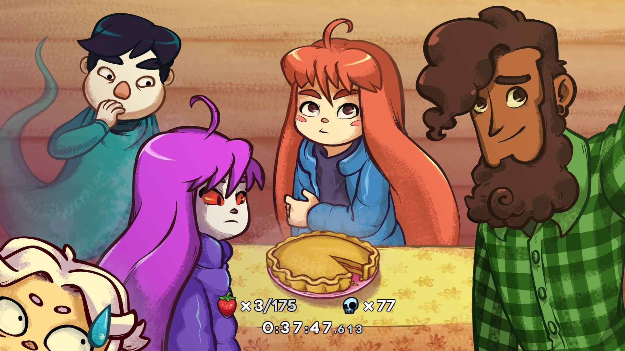 celeste epilogue screen, showing a final time of 37:47.613 with 3 berries collected and 77 deaths amassed across the course of the Any% run