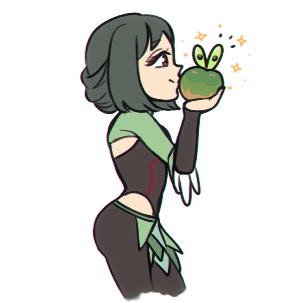 Green haired original character holding the Shiny version Pokemon Applin 