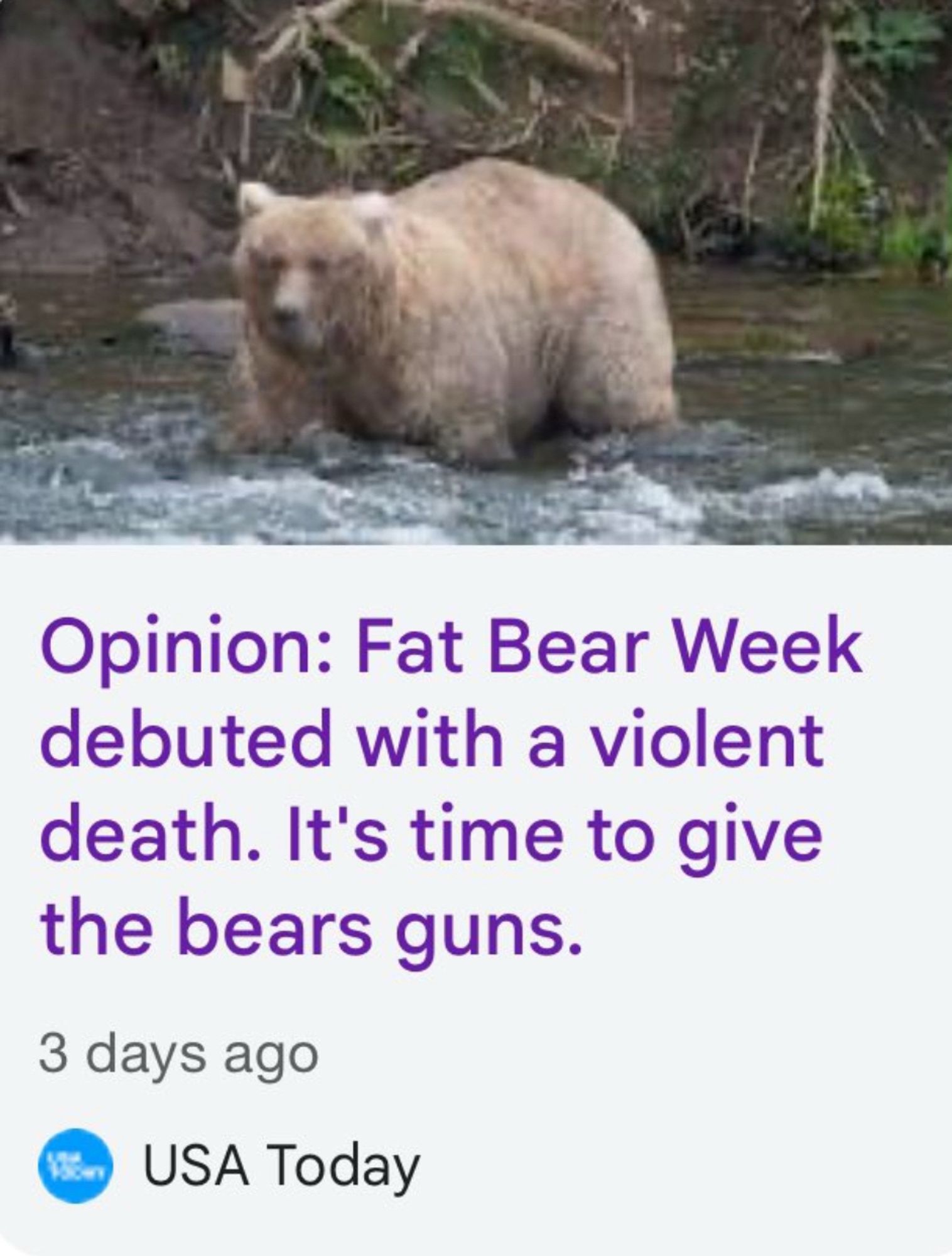 News articles from USA Today posted 3 days ago
“Opinion: fat bear week debuted with a violet death. It’s time to give the bears guns.”