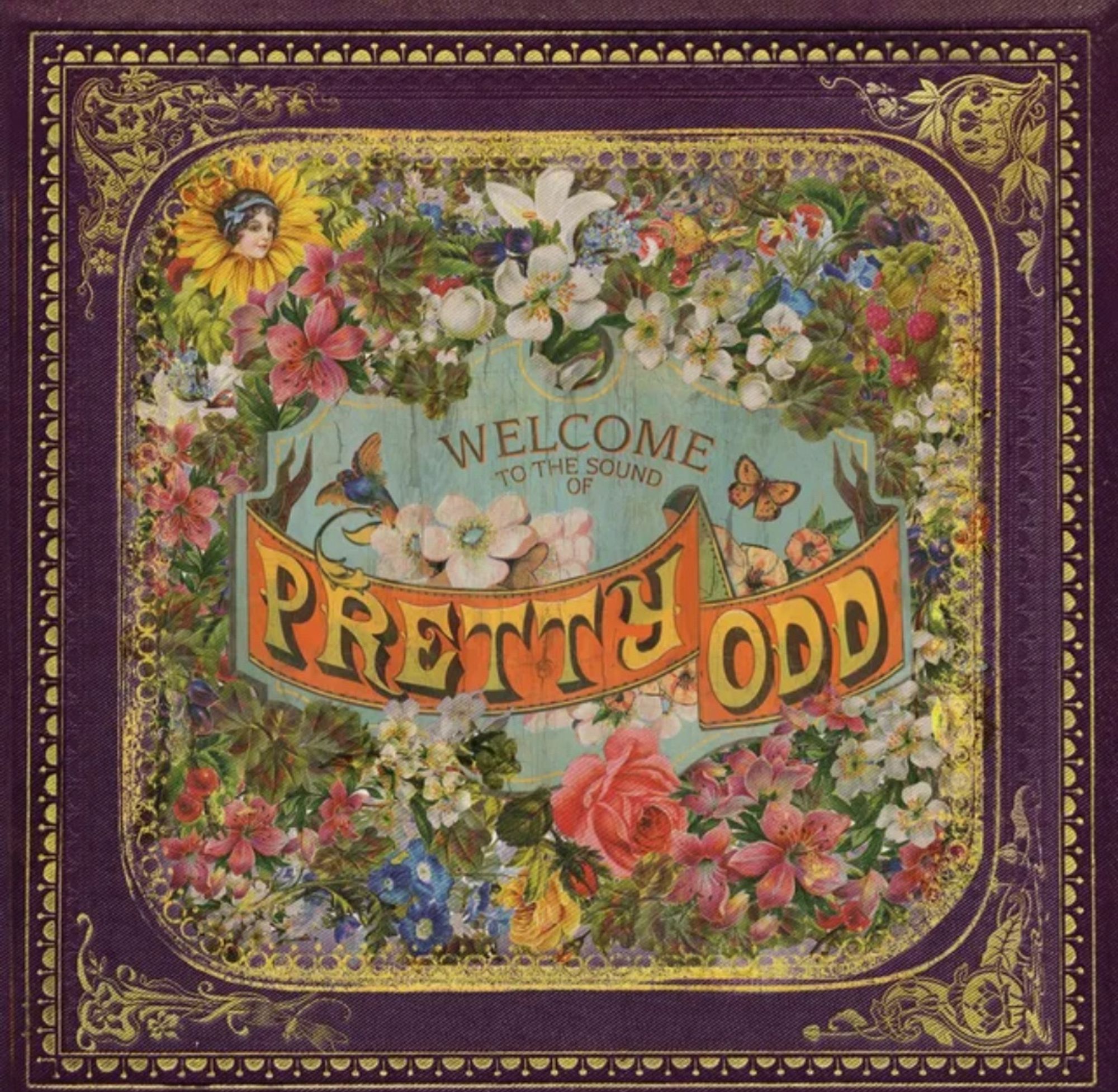 Pretty. Odd. panic at the disco album 
Pretty florals and butterflies looks slightly washed out and are framed with purple and gold