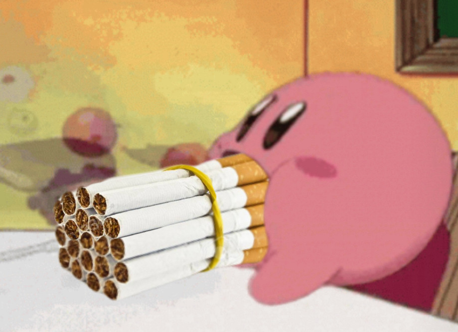 Kirby sucking up a bundle of cigarettes held together with a yellow hair tie