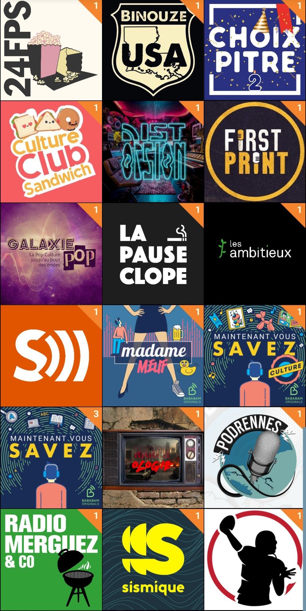 Capture d'écran de l'application Podcast addict
24 FPS
Binouze USA
Choixpitre 
Culture Club Sandwich 
Distorsion 
First Print 
Galaxie Pop
La Pause Clope
Les Ambitieux 
Les Sondiers 
Madame Meuf 
Maintenant vous savez 
Nanarologie 
PodRennes 
Radio Merguez &Co
Sismique
TD Actu