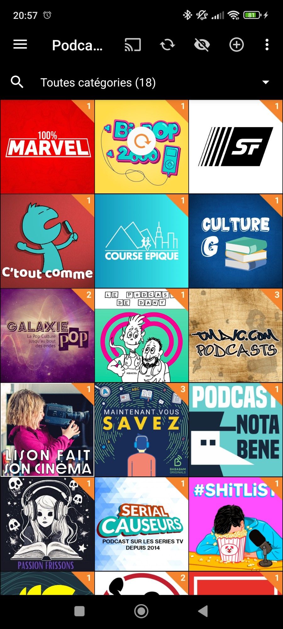 Capture d'écran de l'application Podcast addict
100% Marvel 
Bi-Bop
C'est plus que de la SF
C'tout comme 
Course épique 
Culture G
Galaxie Pop
Le podcast de Dany
Tmdjc Création 
Lison fait son cinéma 
Maintenant vous savez 
Nota Bene
Passion Frissons 
Serial Causeurs 
Shitlist
Sismique 
TD Actu
Watchlist 