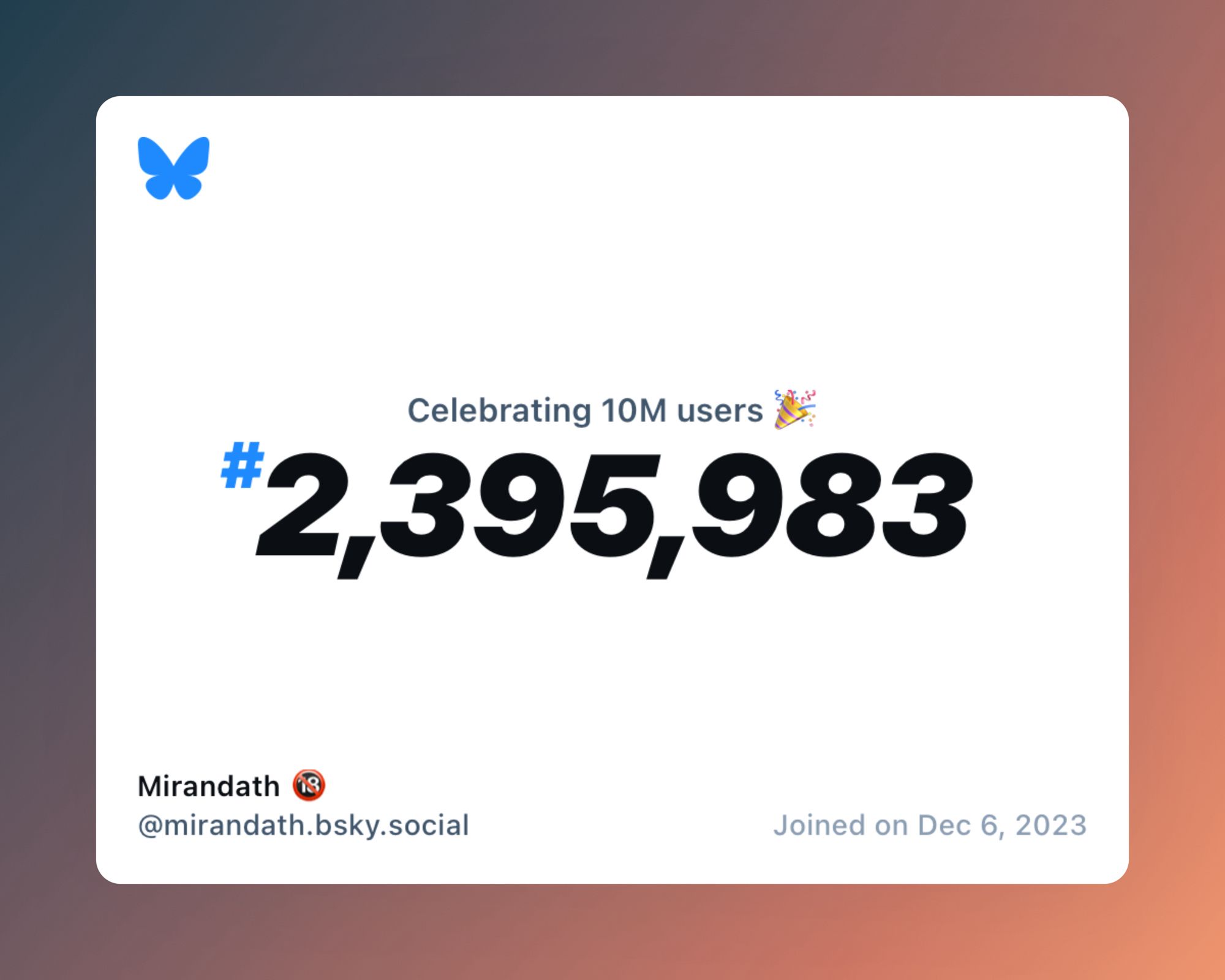 A virtual certificate with text "Celebrating 10M users on Bluesky, #2,395,983, Mirandath 🔞 ‪@mirandath.bsky.social‬, joined on Dec 6, 2023"