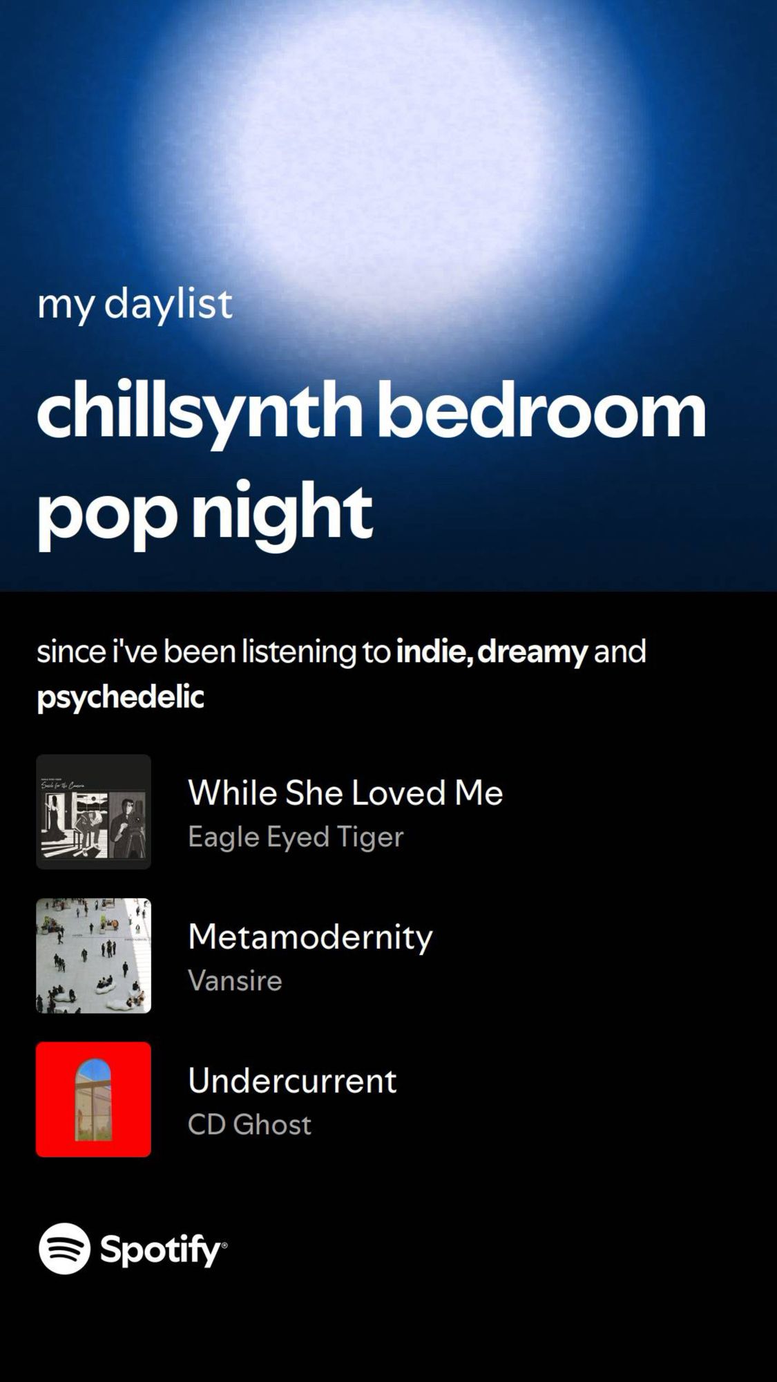 my daylist
chillsynth bedroom pop night

since i've been listening to indie, dreamy and psychedelic

While She Loved Me - Eagle Eyed Tiger
Metamodernity - Vansire
Undercurrent - CD Ghost