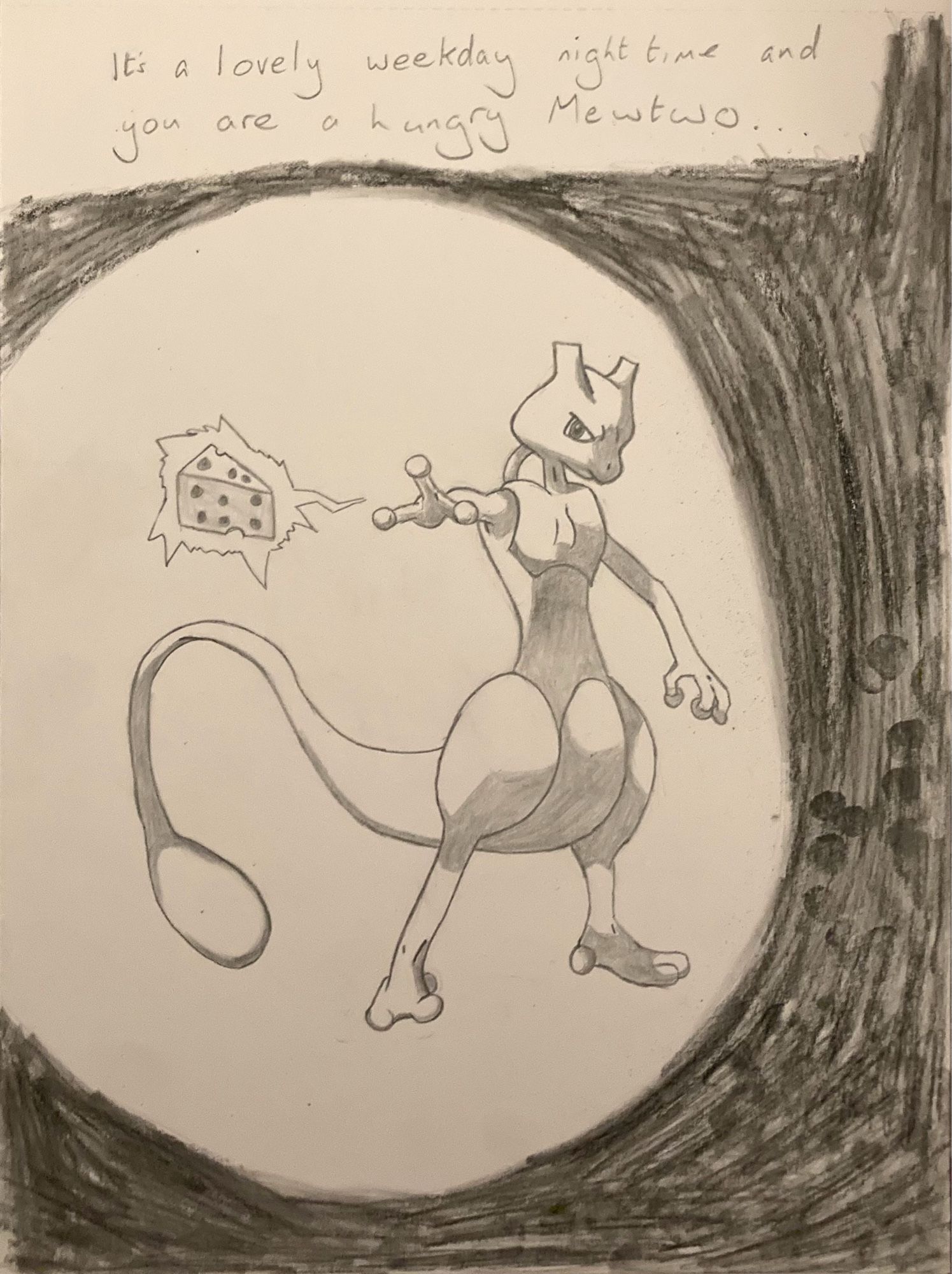 Pencil drawing of Mewtwo levitating some cheese