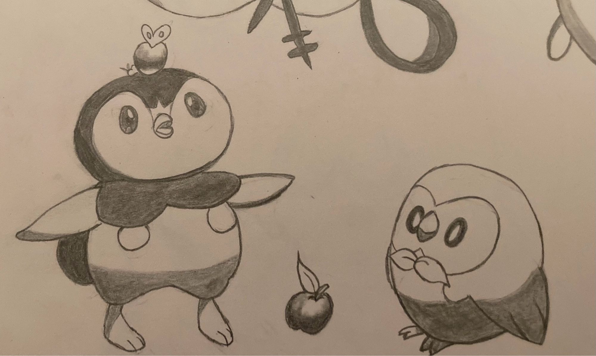 A pen il drawing of piplup and rowlet, piplup has an apple on his head and there is another between them