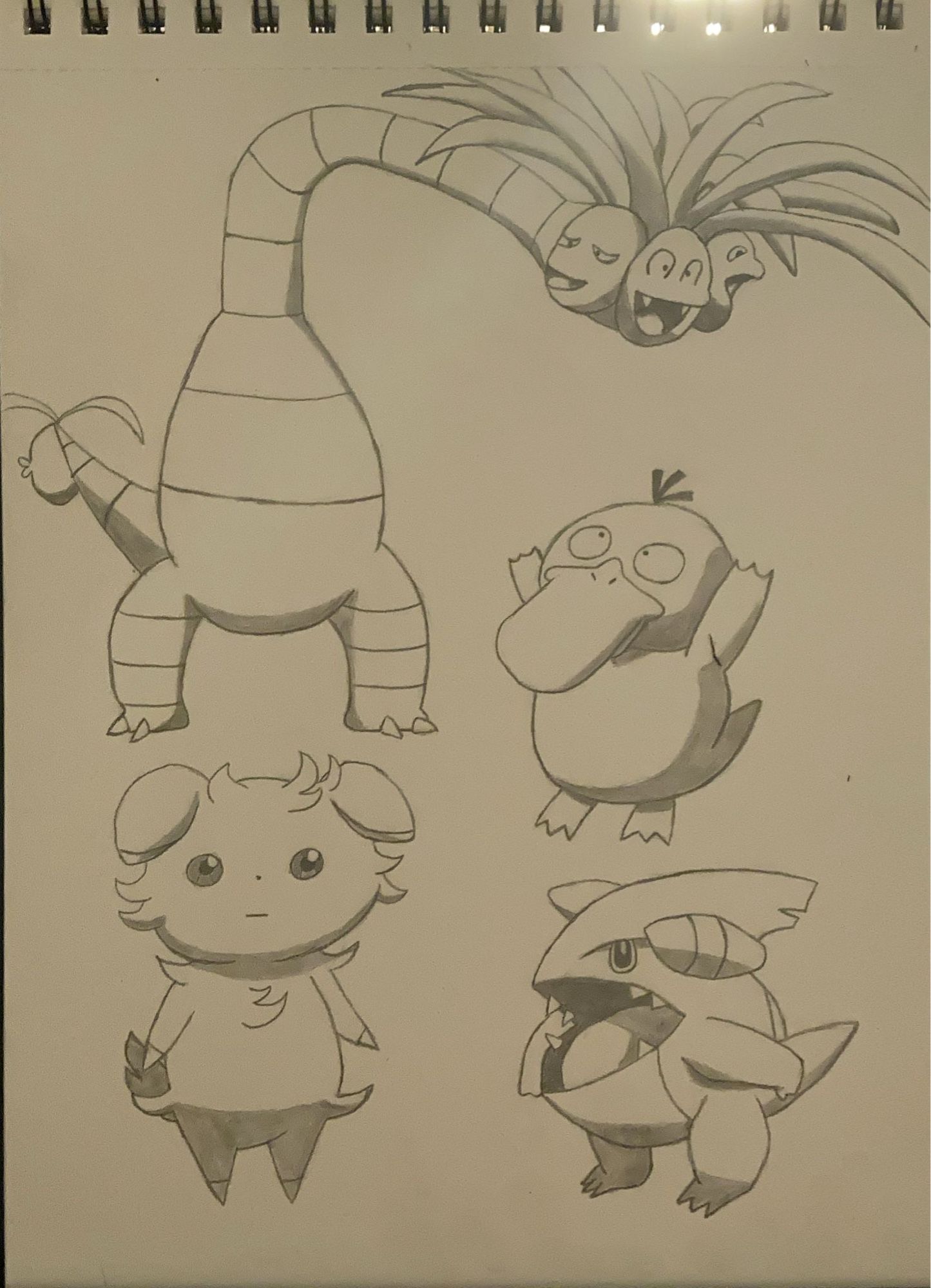 A pencil drawing of Alolan Exeggutor, Psyduck, Espurr and Gible