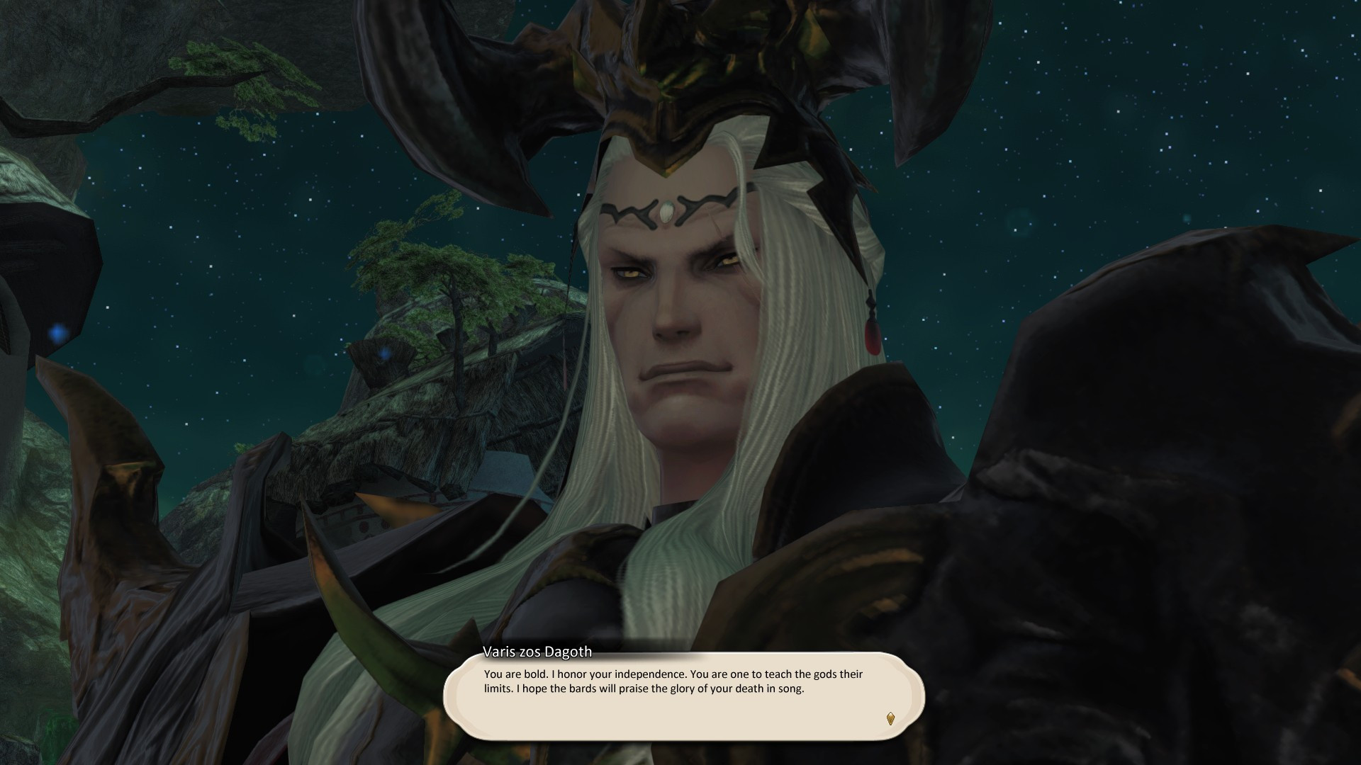 An edited screenshot of Varis zos Galvus of Final Fantasy XIV, his name has been changed to Varis zos Dagoth, and his dialogue has been replaced with a line from Dagoth Ur of Morrowind: "You are bold. I honour your independence. You are one to teach the gods their limits. I hope the bards will teach the glory of your death in song."