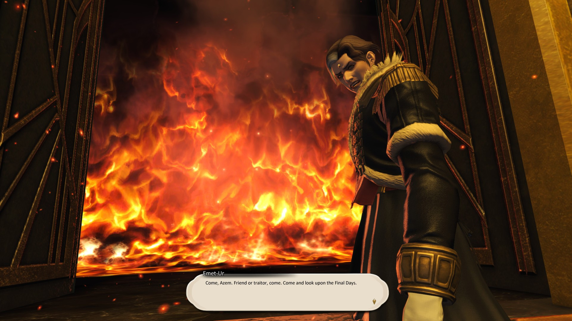 An edited screenshot of Emet-Selch of Final Fantasy XIV. His name has been changed to Emet-Ur, and his dialogue has been replaced with a line from Dagoth Ur of Morrowind: "Come, Azem. Friend or traitor, come. Come and look upon the Final Days."