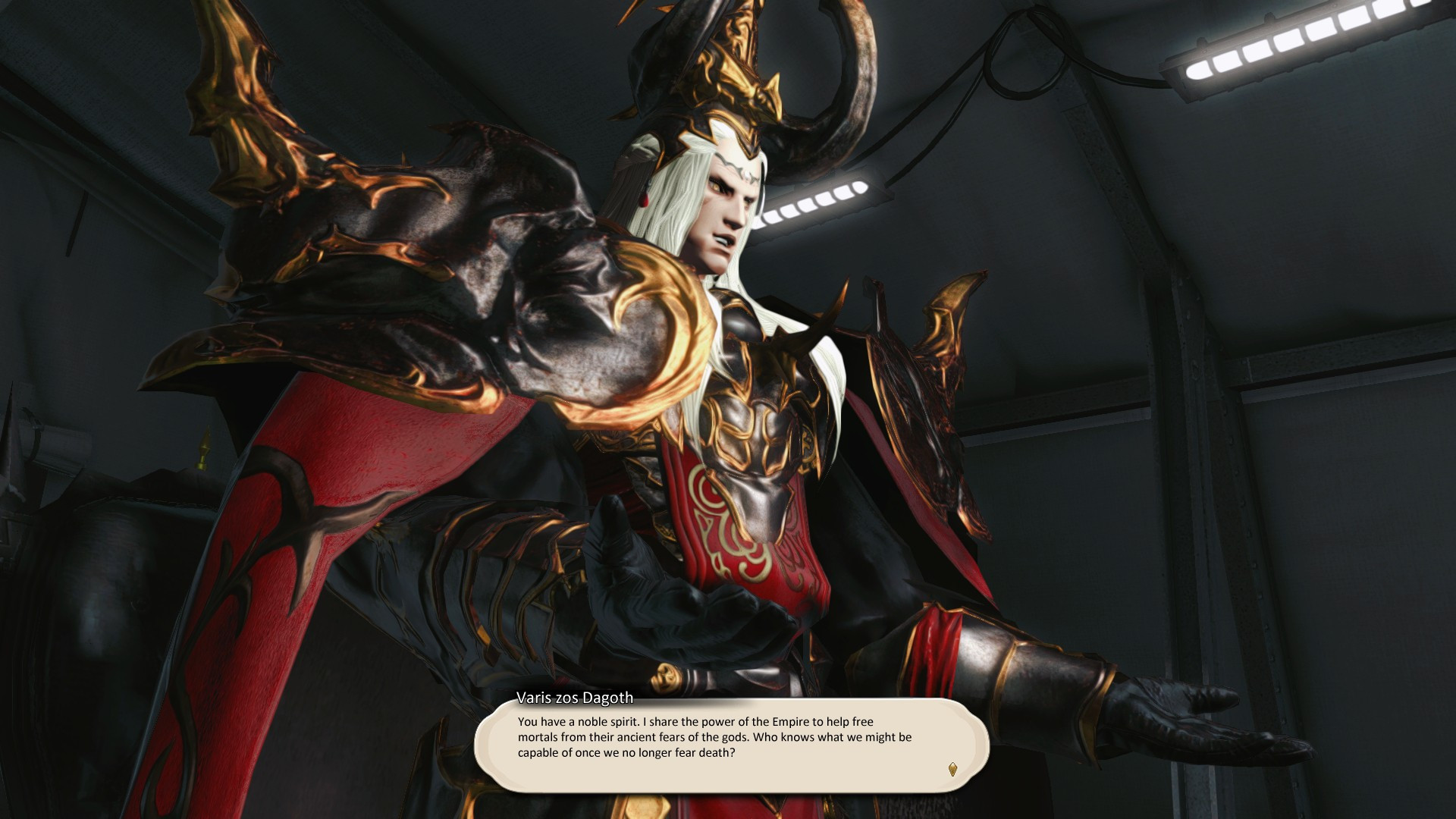 An edited screenshot of Varis zos Galvus of Final Fantasy XIV, his name has been changed to Varis zos Dagoth, and his dialogue has been replaced with a line from Dagoth Ur of Morrowind: "You have a noble spirit. I share the power of the Empire to help free mortals from their ancient ears of the gods. Who knows what we might be capable of once we longer fear death?"