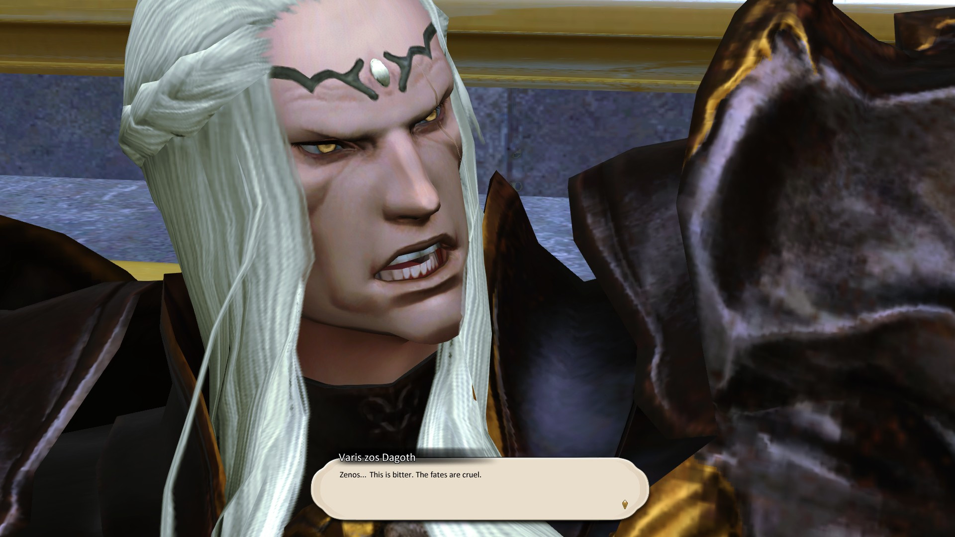 An edited screenshot of Varis zos Galvus of Final Fantasy XIV, his name has been changed to Varis zos Dagoth, and his dialogue has been replaced with an adapted line from Dagoth Ur of Morrowind: "Zenos... This bitter. The fates are cruel."