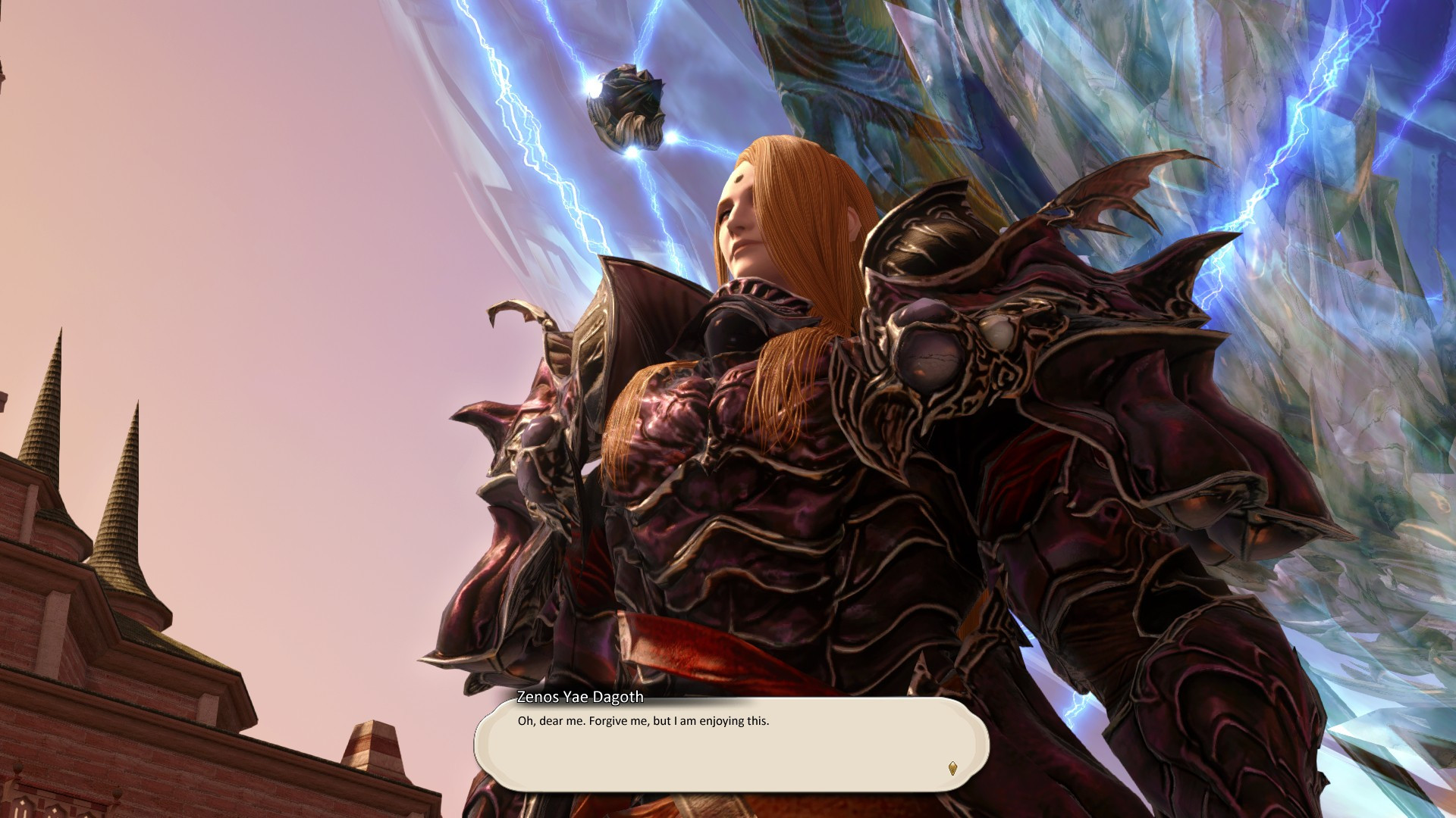 An edited screenshot of Zenos yae Galvus of Final Fantasy XIV, his name has been changed to Zenos yae Dagoth, and his dialogue has been replaced with a line from Dagoth Ur of Morrowind: "Oh dear. Forgive me, but I am enjoying this."