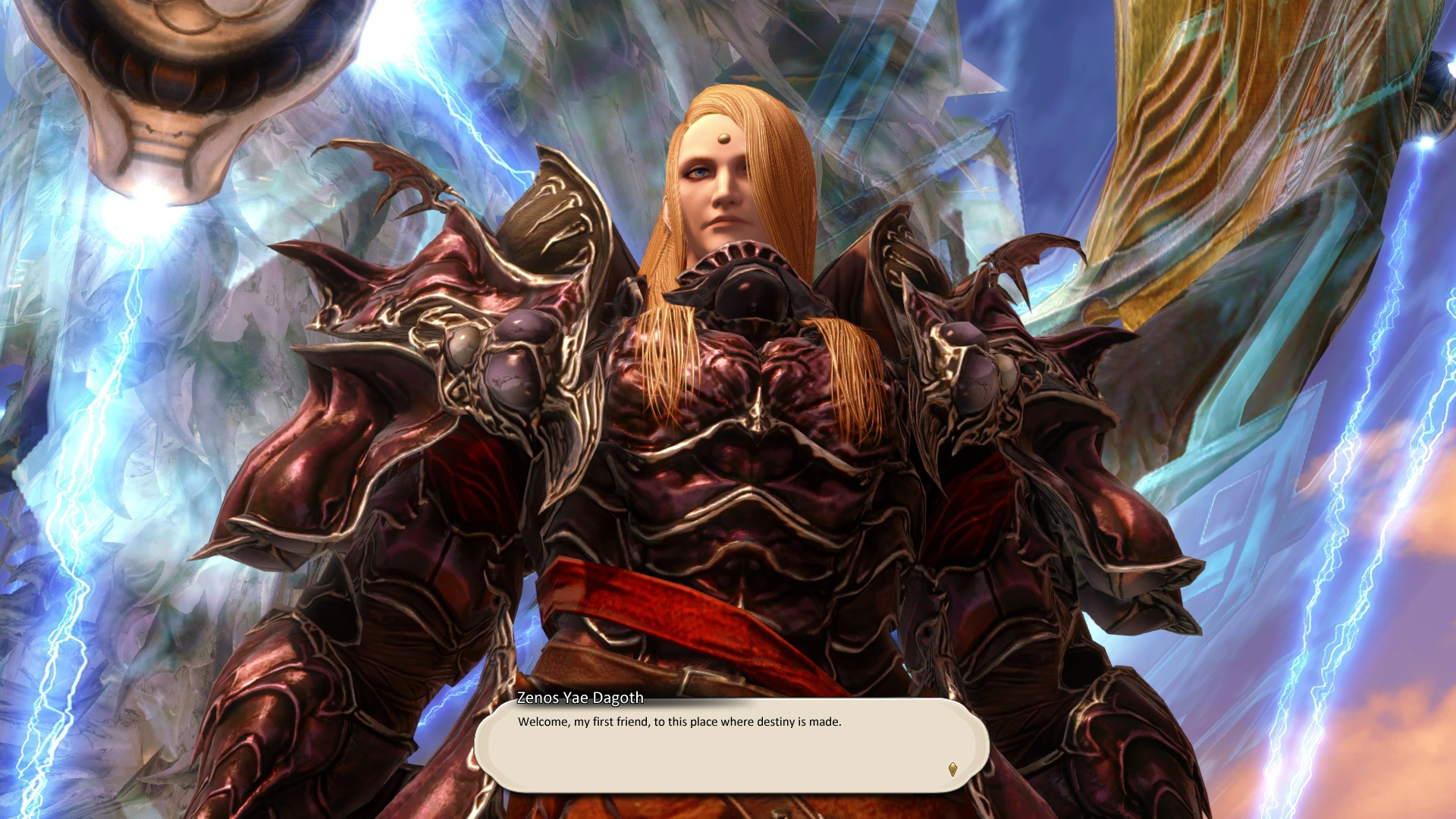 An edited screenshot of Zenos yae Galvus of Final Fantasy XIV, his name has been changed to Zenos yae Dagoth, and his dialogue has been replaced with an adapted line from Dagoth Ur of Morrowind: "Welcome, my first friend, to this place where destiny is made."