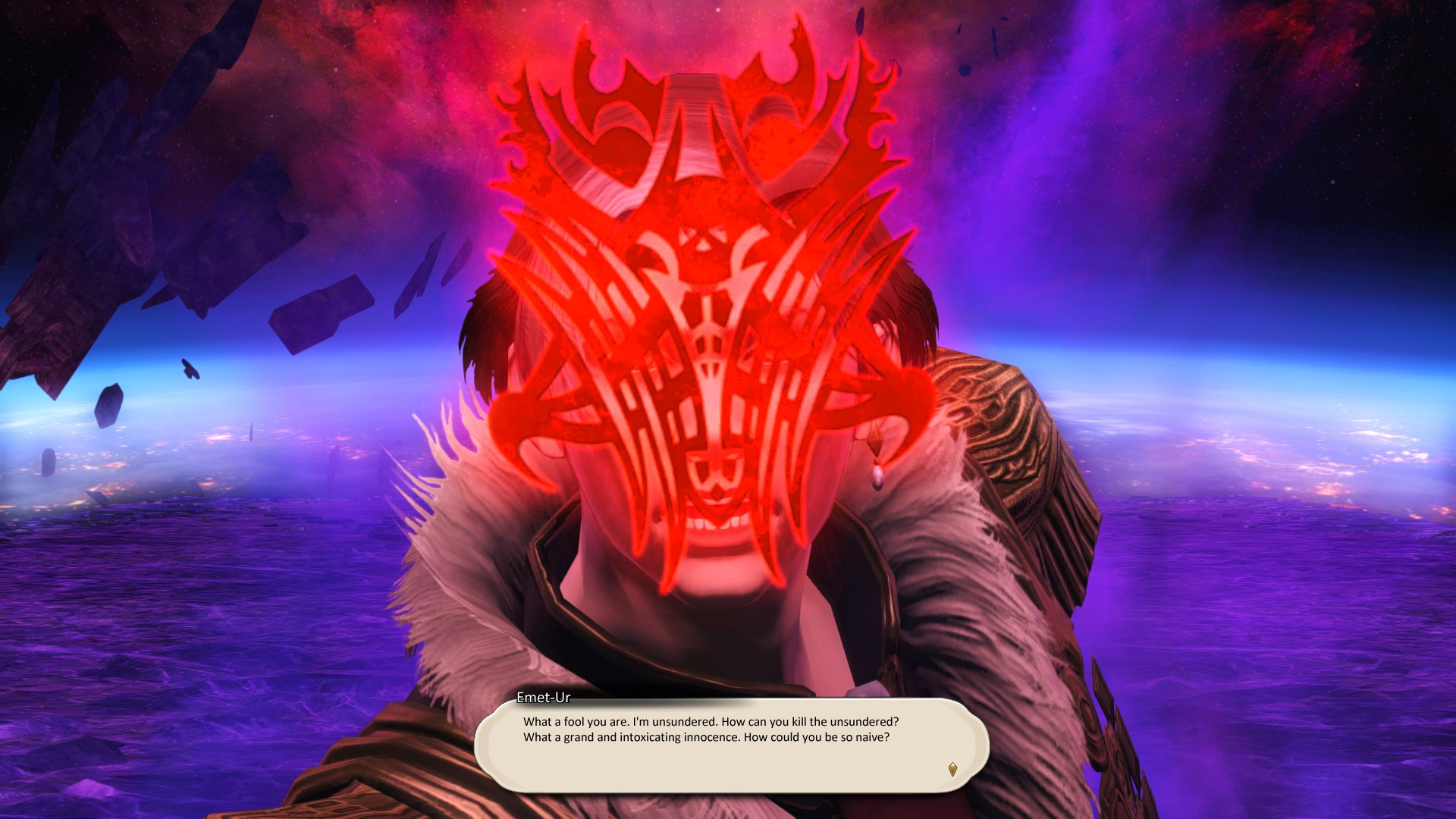 An edited screenshot of Emet-Selch of Final Fantasy XIV. His name has been changed to Emet-Ur, and his dialogue has been replaced with a line from Dagoth Ur of Morrowind: "What a fool you are. I'm unsundered, how can you kill the unsundered? What a grand and intoxicating innocence. How could you be so naive?"