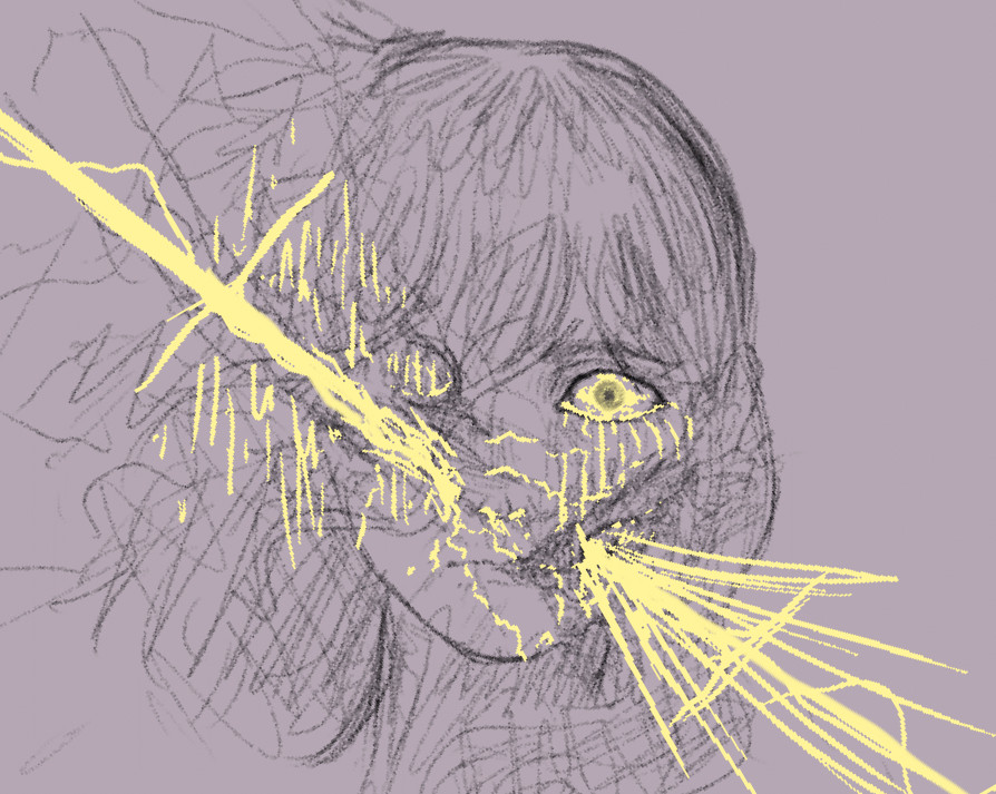 A rough black and white sketch of a woman with a golden spear of light going diagonally through her head. Her right eye is destroyed and the left half of her face is missing skin and muscle, making her jawbones visible. The golden light spreads out from the point of penetration and into her remaining eye, she is crying streams of radiant yellow fluid. She is me. She is desperate. This is her Heaven. This is Hate Machine.