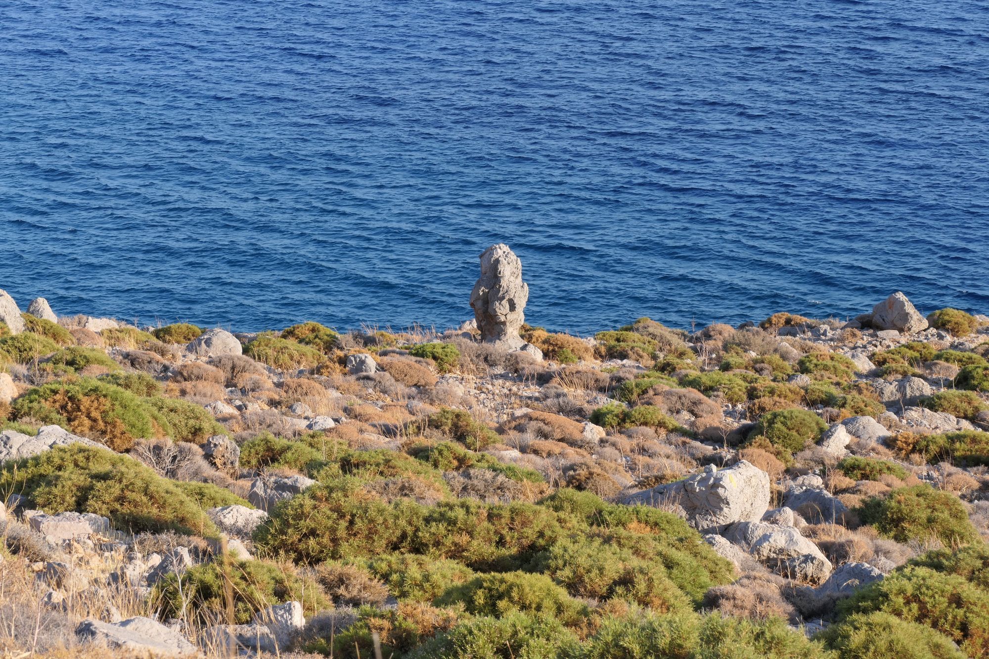 Stone on a rocky cretan beachside which a little bit resembles the statues of Easter Island.