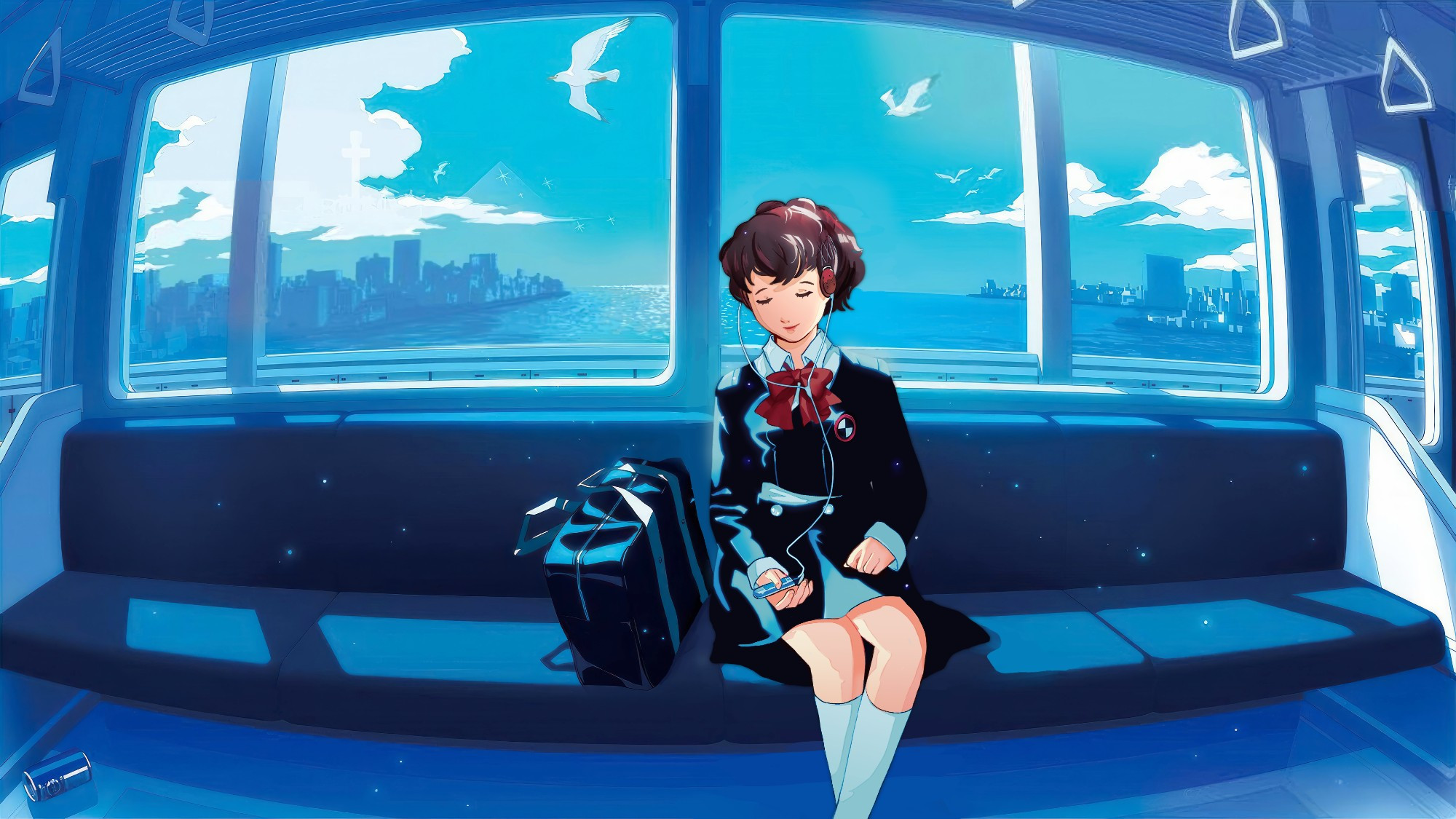 artwork of kotone shiomi from persona 3 alone on a train. she is a girl with a school uniform, brown hair in a ponytail, and an mp3 player, sitting with her eyes closed. The whole image is blue-toned. 