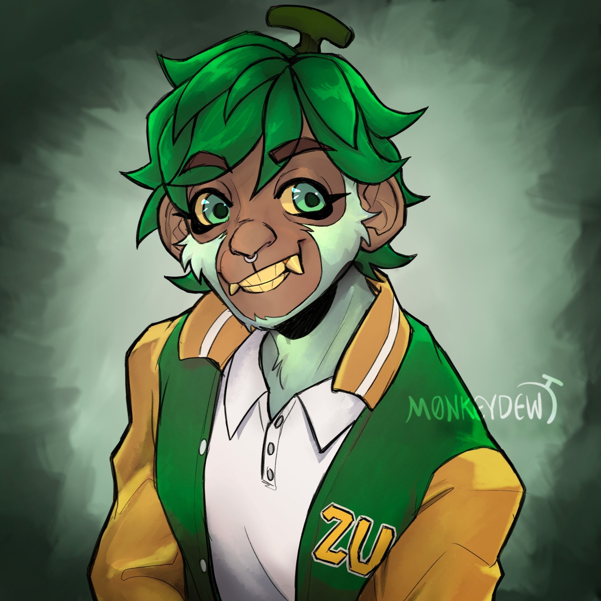 A half-body drawing of my fursona, Mel the Honeydew Capuchin Monkey. She is smiling and wearing a varsity jacket.