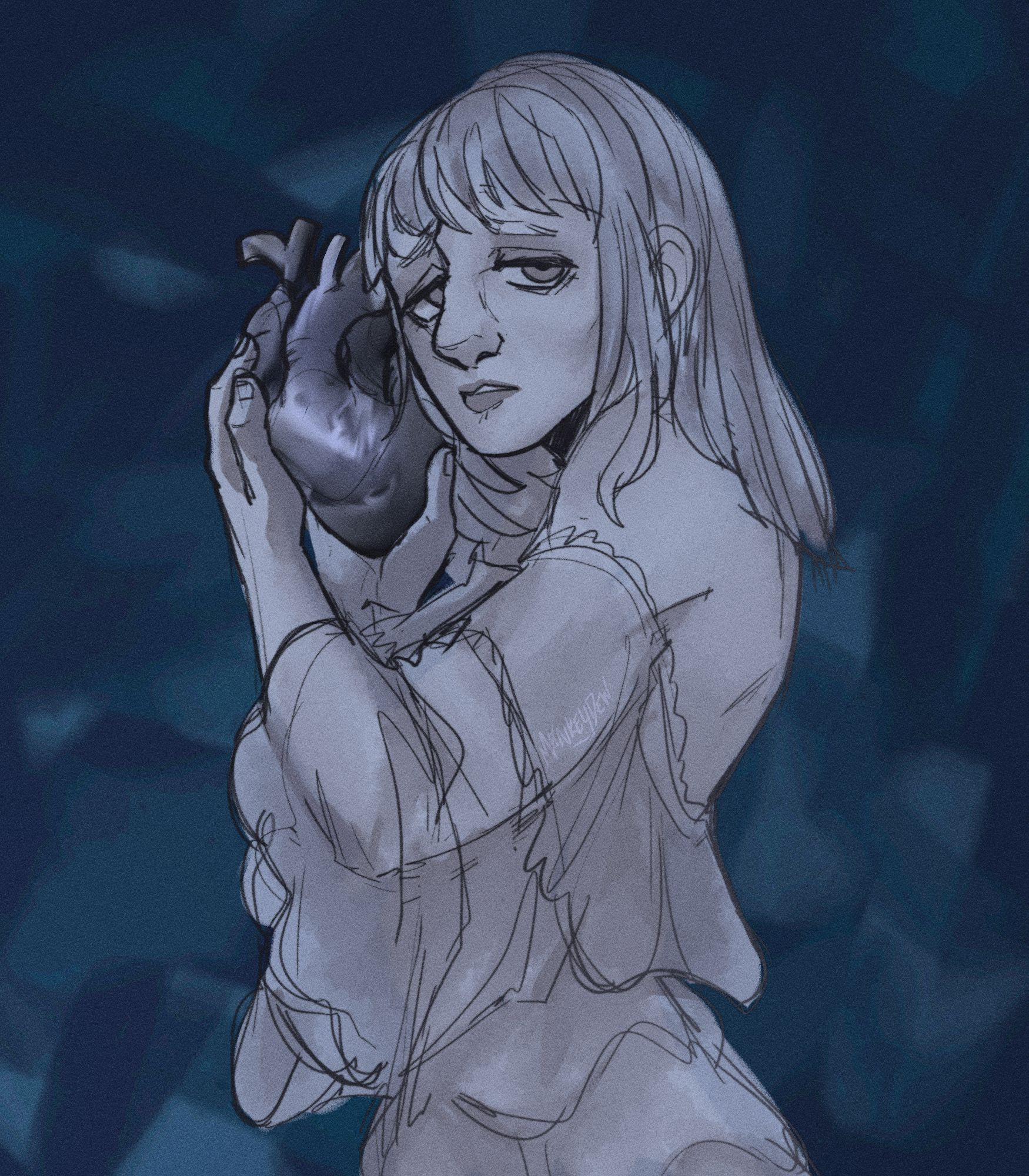 Fanart for Aurora's What Happened to the Heart album. She is centered in frame holding up a chrome heart next to her face, in a protective manner.