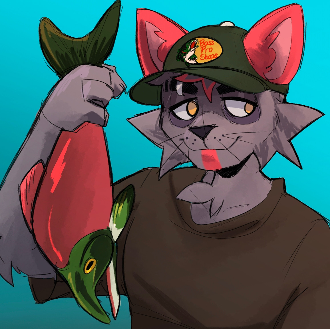 Drawing of an anthro raccoon holding up a Sockeye Salmon. 