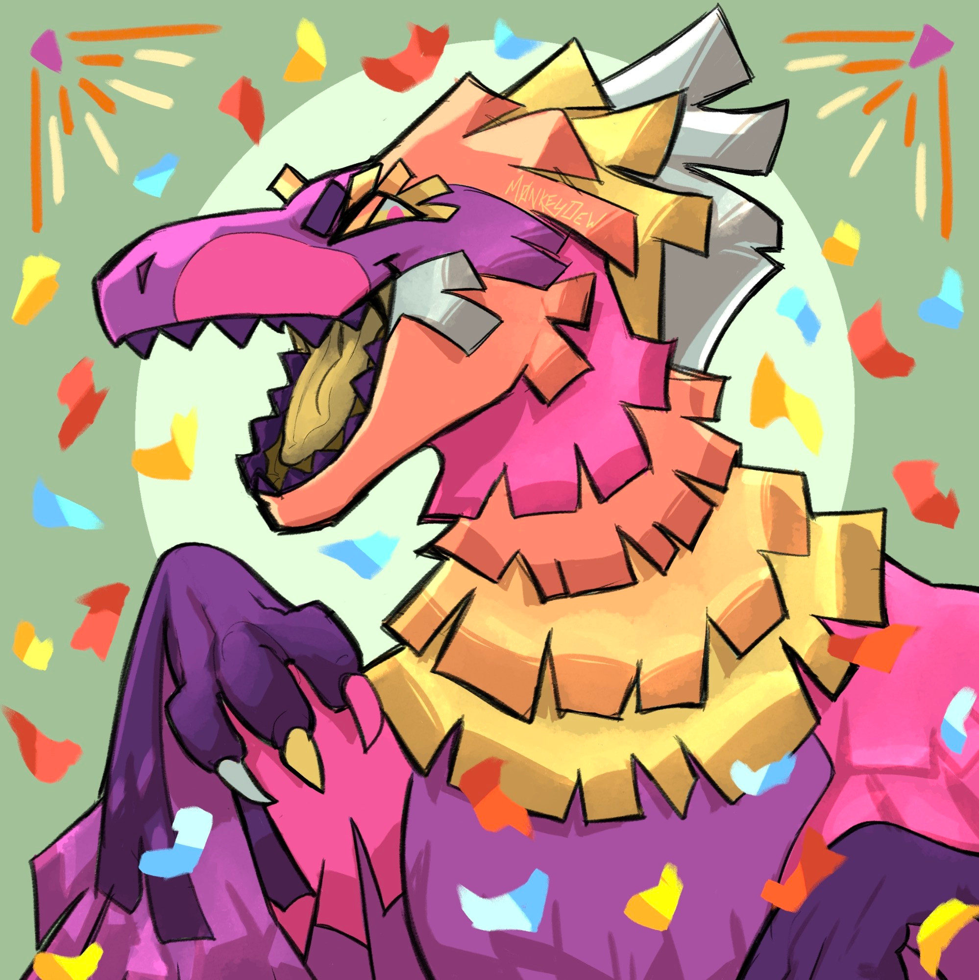 A very colorful and happy piñata raptor. There is confetti flying around them.