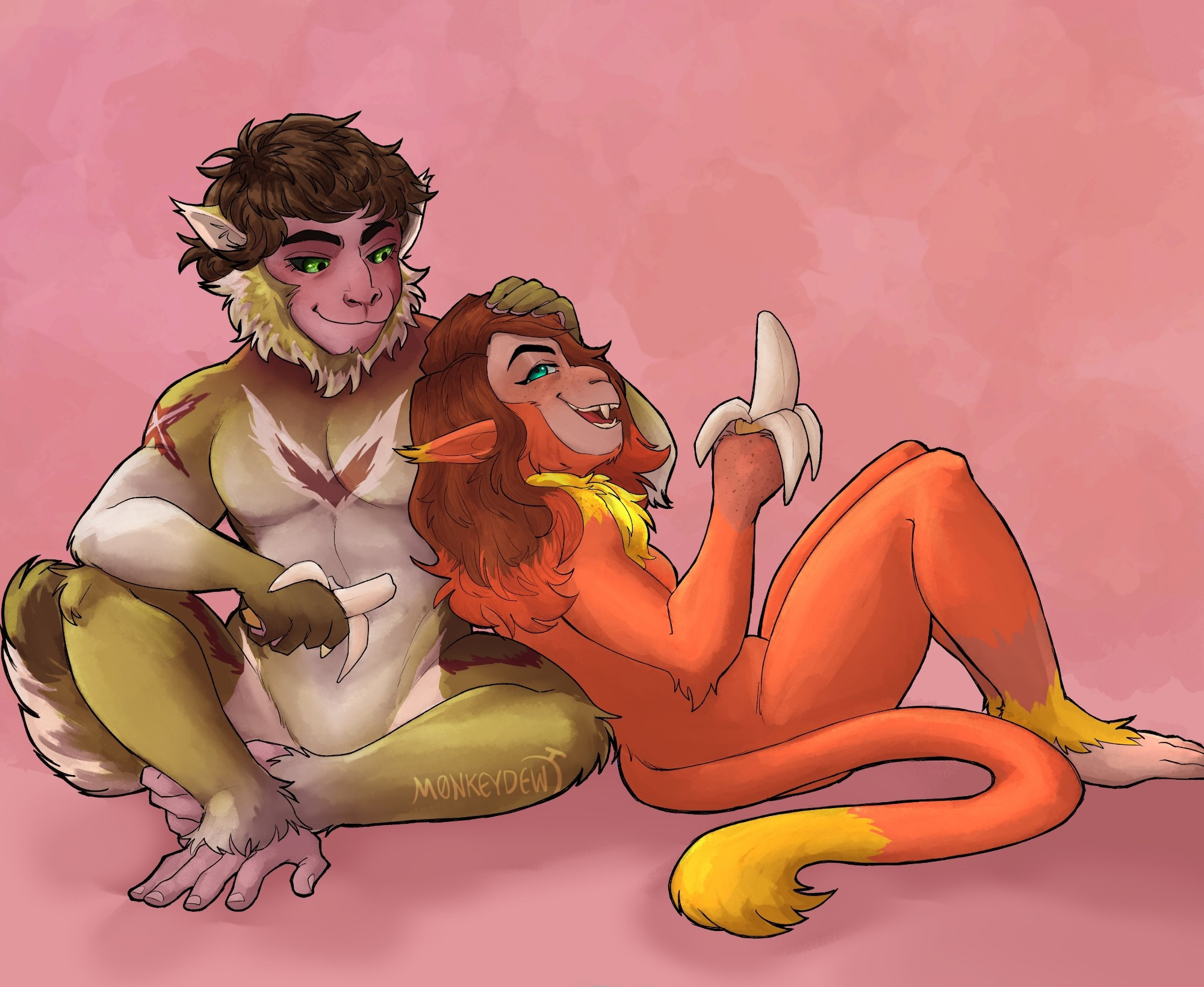 Another commission for @mango_teeth on Twitter (X). The art shows her monkey fursona, Ellie, and her boyfriend, Dill, as well. They are sitting down, Ellie is leaning on Dill and they are both enjoying a banana.