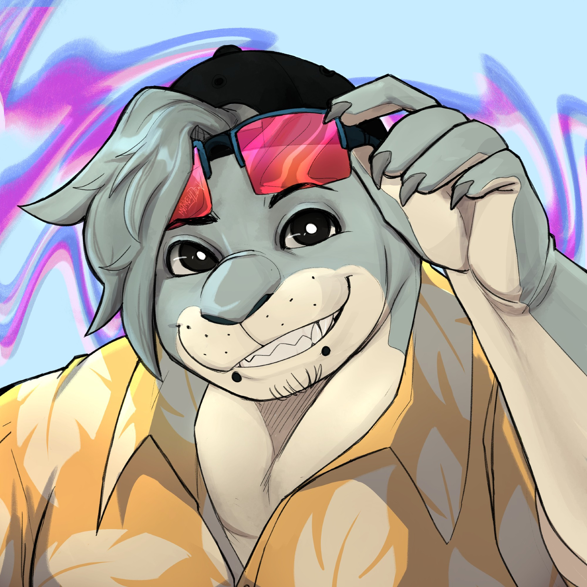 A headshot of a Leopard Seal fursona, named Barny. He is smiling and holding up his sunglasses on his forehead. He's wearing a yellow hawaiian shirt and a backwards ball cap.