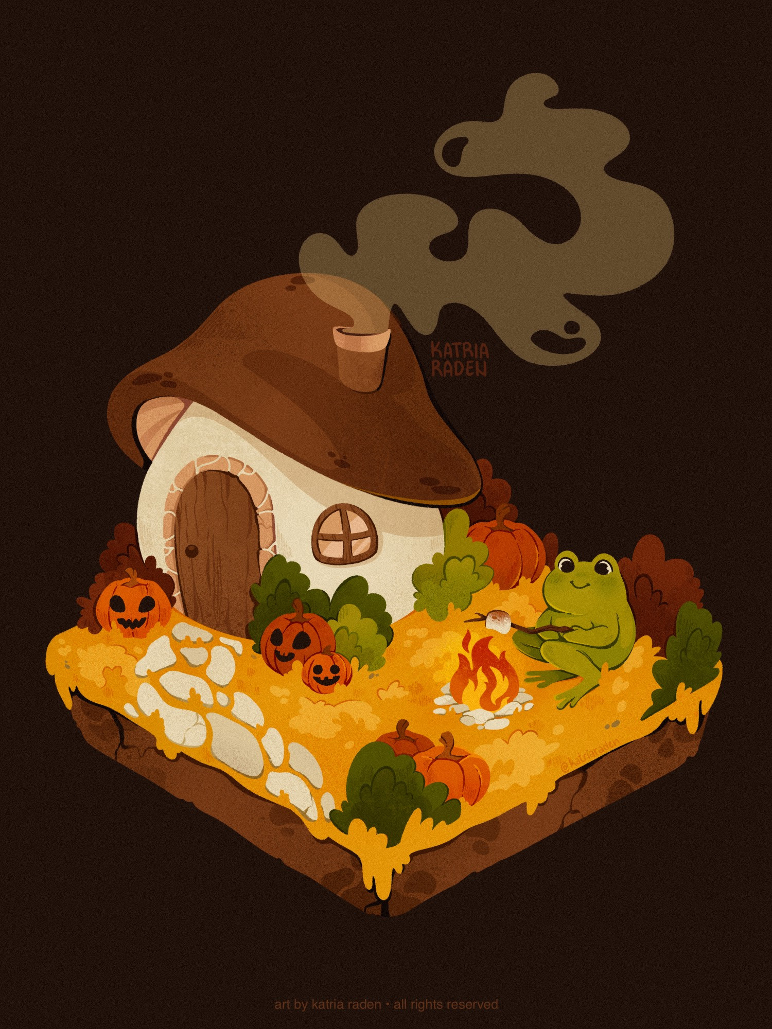 Digital illustration of a frog roasting marshmallows in front of his mushroom house by Katria Raden