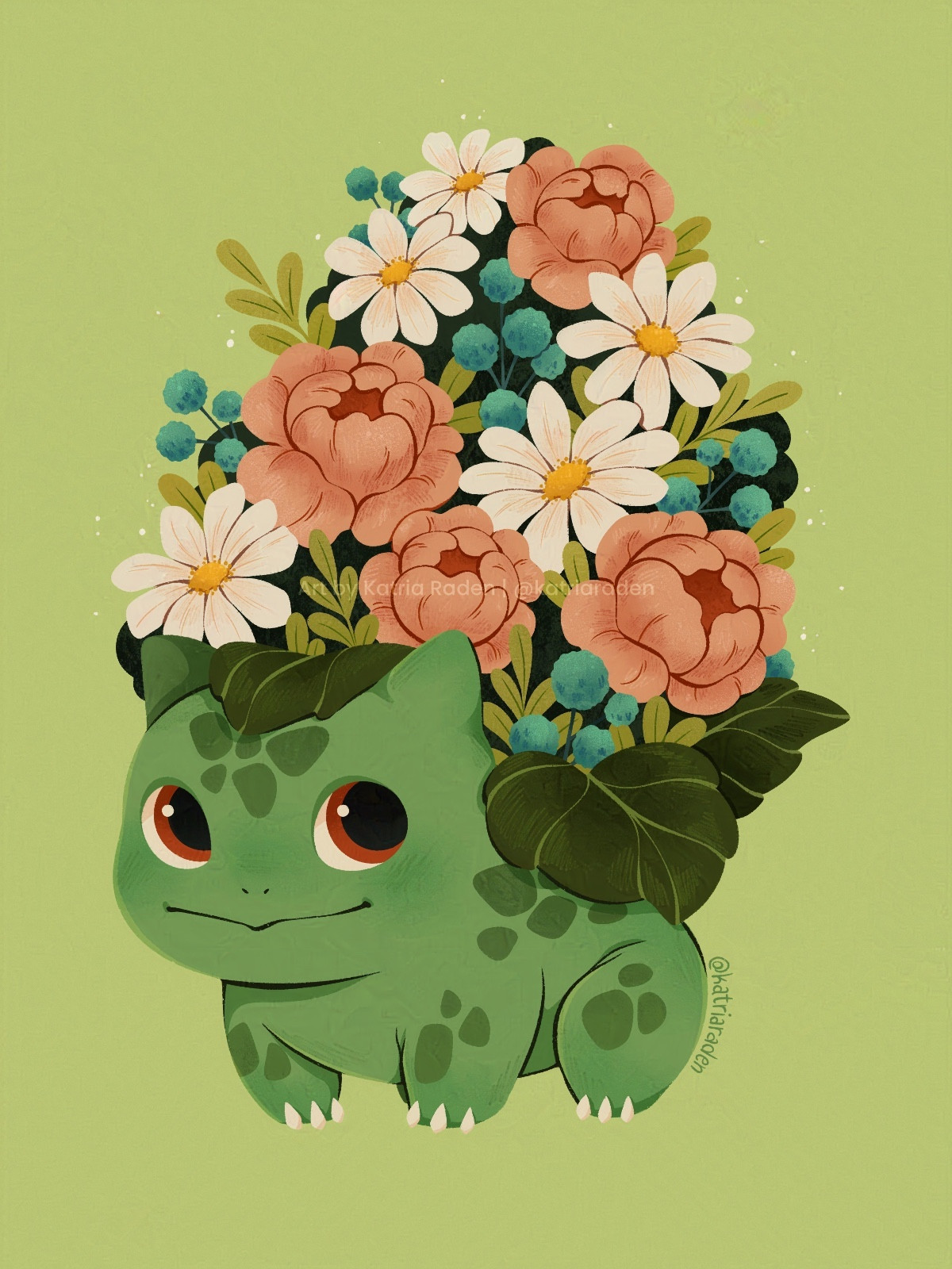 Digital illustration of a Bulbasaur with flowers coming out of his bulb by Katria Raden