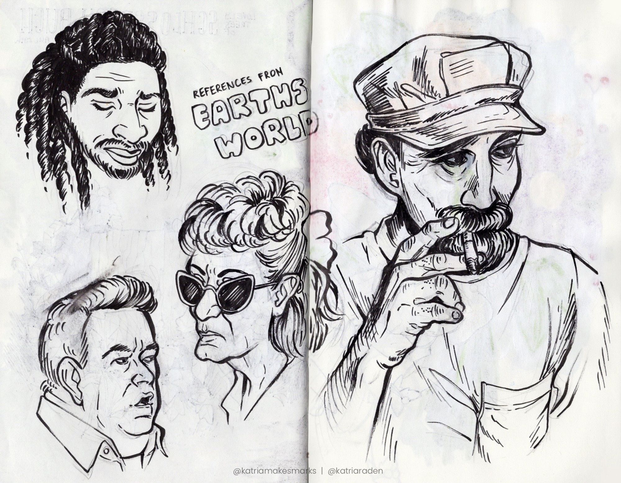 Scan of my sketchbook spread featuring four portraits, three men and one woman done with a black brush liner