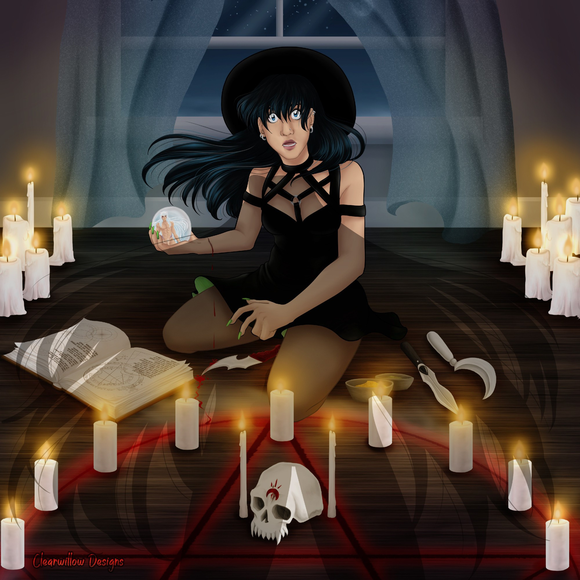 Digital fanart of Kagome Higurashi from Imuyasha in a modern alternate universe. She's dressed as a witch and is kneeling on the floor before a painted spellcaster circle. A skull with fangs sits in the center. Candles surround the circle and on either side of Kagome. An open spellbound sits to her right, and various witchcraft tools sit on her left. She stares up in shock as a shadowed figure stands before her, his reflection appearing in the crystal ball that she holds in her right hand. A cut bleeds from her forearm, dripping into the floor and towards the spellcaster circle. 