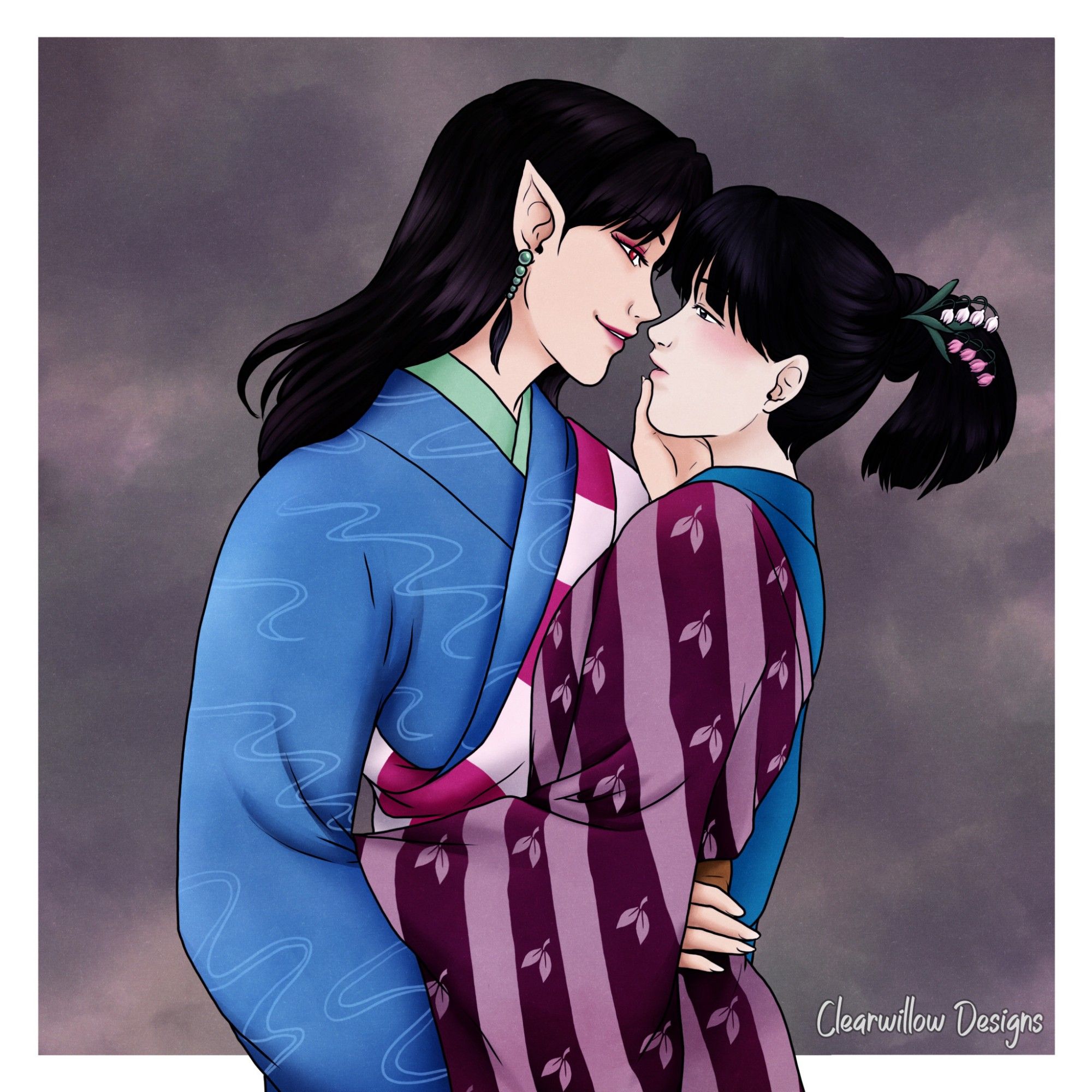 Digital fanart of Kagura holdind Kikyo in an embrace from the anime Inuyasha.