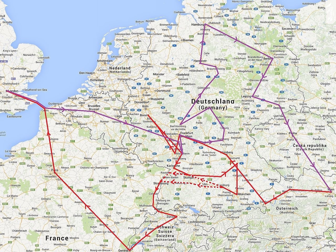 Europakarte mit farbig eingezeichneten Reisewegen