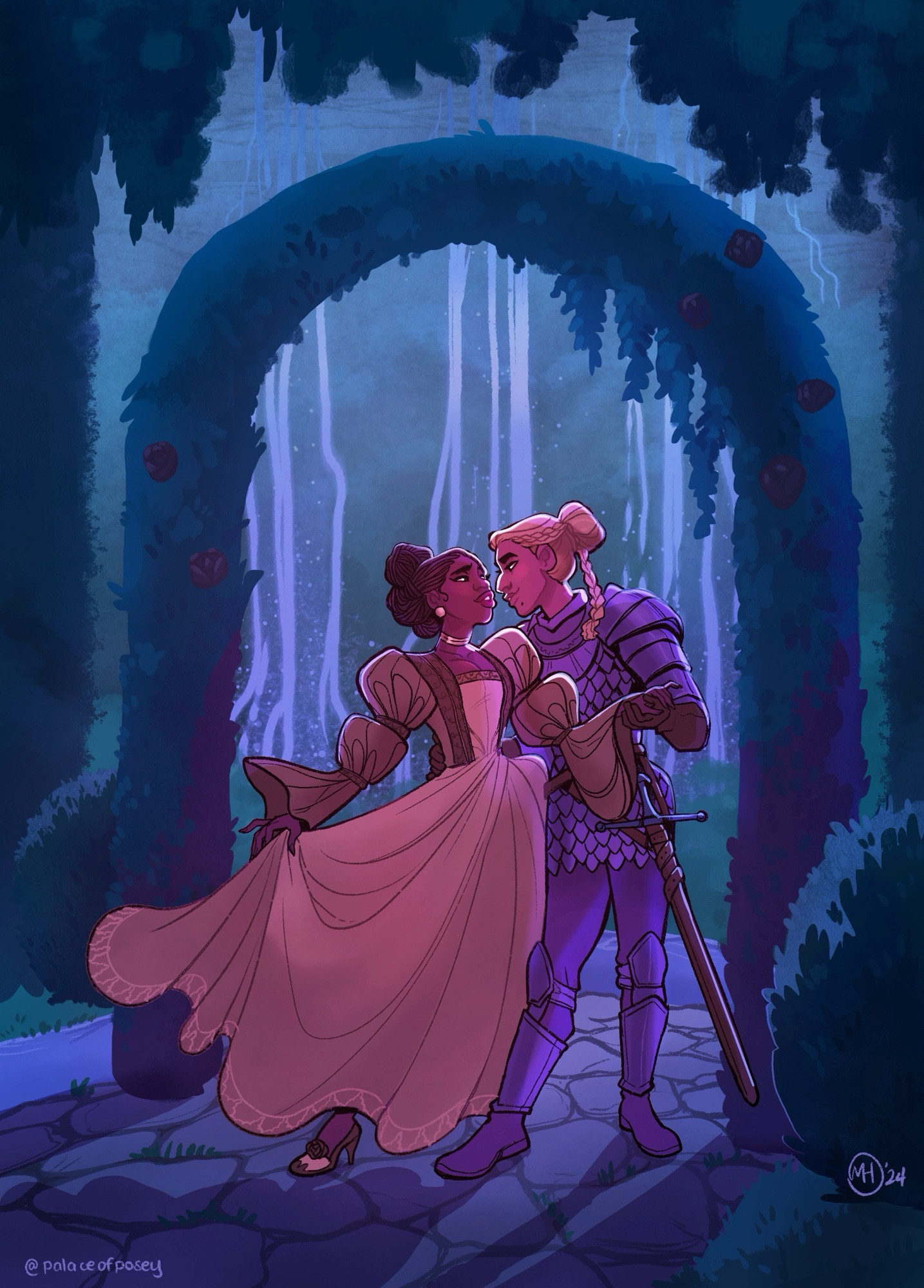 An illustration of a queen with dark skin and braids in a yellow, flowing dress, her waist gripped and hand held by a blonde, female knight in chainmail with a sword at her waist. They’re standing in a garden at night, underneath a moonlight topiary arch.