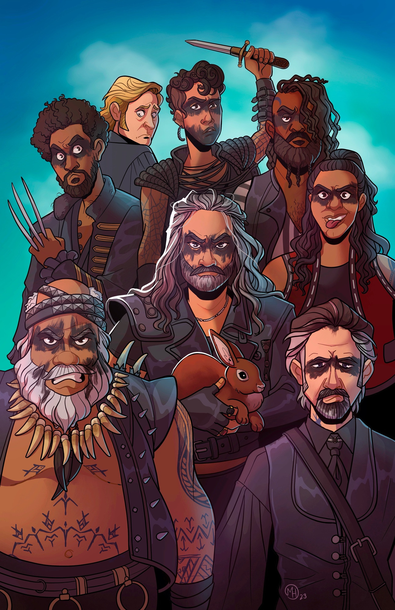 An illustration of Blackbeard’s crew from Our Flag Means Death in the style of the season 1 poster of Stede’s crew. From top to bottom, left to right: Frenchie, a frightened Stede, Jim, Ivan, Blackbeard holding a rabbit, Archie, Ed, Fang, and Izzy.