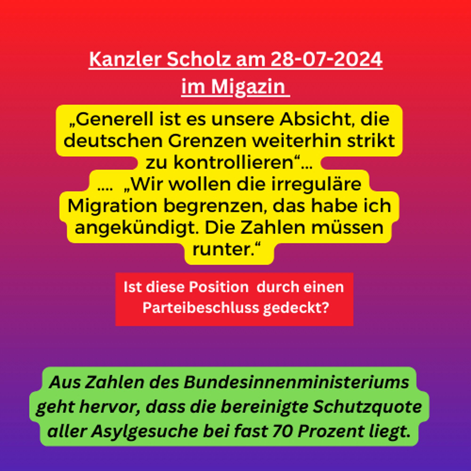 Flyer: Scholz will die Quote irreguläre Migration  durch strikte Grenzkontrollen  nach unten drücken. Er sagt: Die Zahlen müssen runter.   Aussage des Bundesministeriums: 70% aller Gesuche haben klaren Schutzstatus.