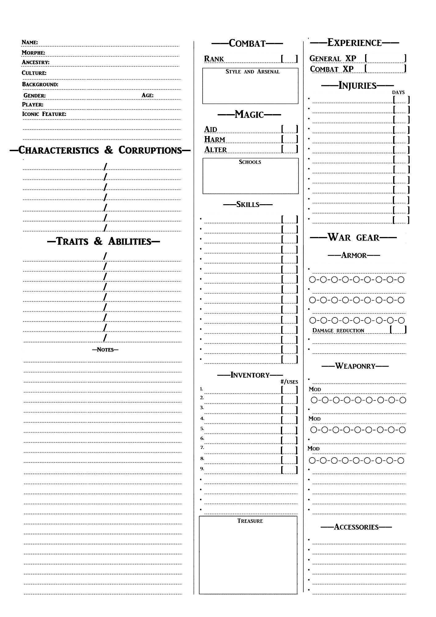 A charactersheet detailing various states, including:
Personal info, Characteristics & Corruptions, Traits & abilities, Notes, Combat, Magic, Skills, Inventory, Experience, Wargear.