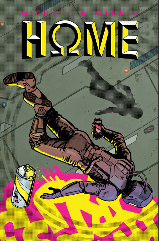 Cover of HΩME volume 3, someone floats upside down in space, in front of a yellow and pink graffiti.