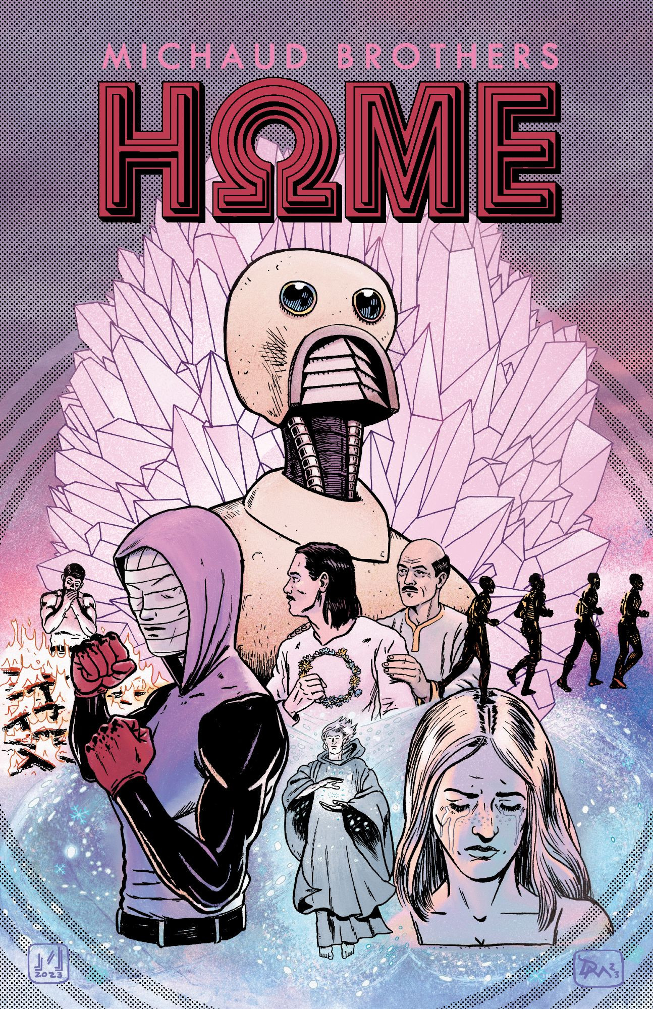 cover of HΩME comics #4, upcoming. A composite image featuring many of the characters and scenes from the book