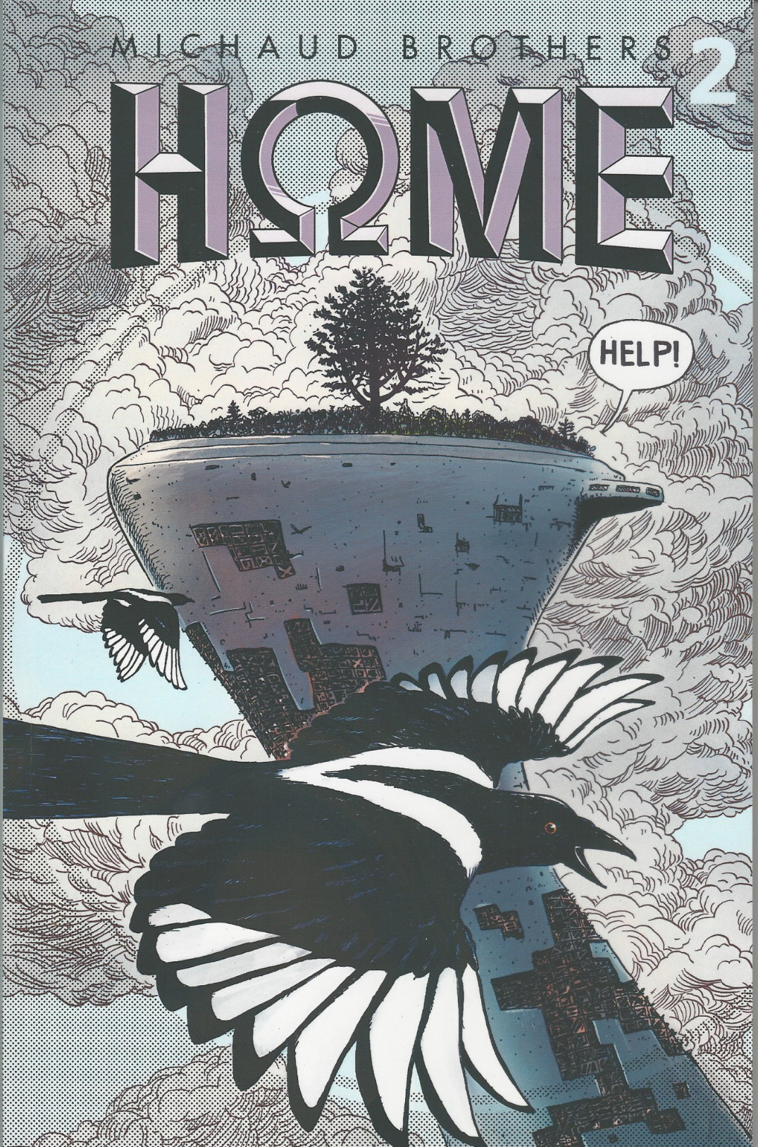 Cover of HΩME volume 2, a magpie flies in front of a decrepit tower with someone calling for help