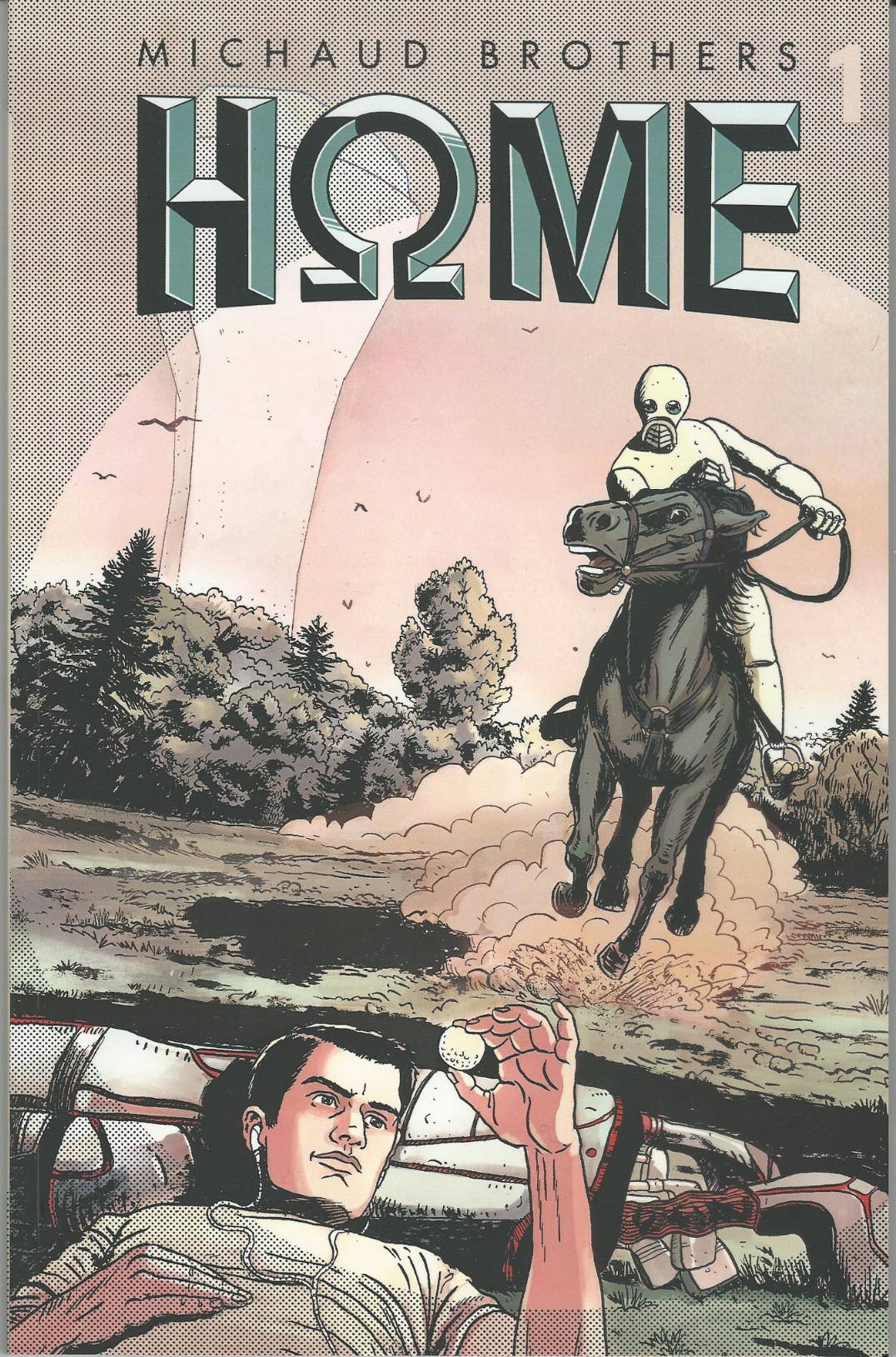 Cover of HΩME volume one, a young man daydreams holding a golf ball; a robot on horseback approaches from behind